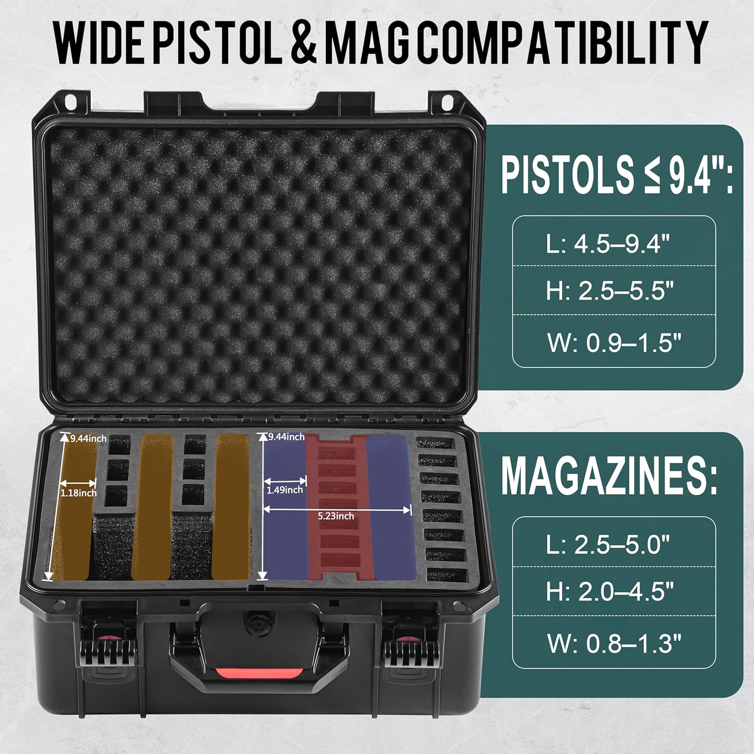 Pistol Gun Case, Hard Waterproof TSA-Approved Gun Case, Holds Multiple Pistols and Magazines, Lockable Handgun Case with Pre-Cut Foam, Heavy-Duty Black Protective Shell
