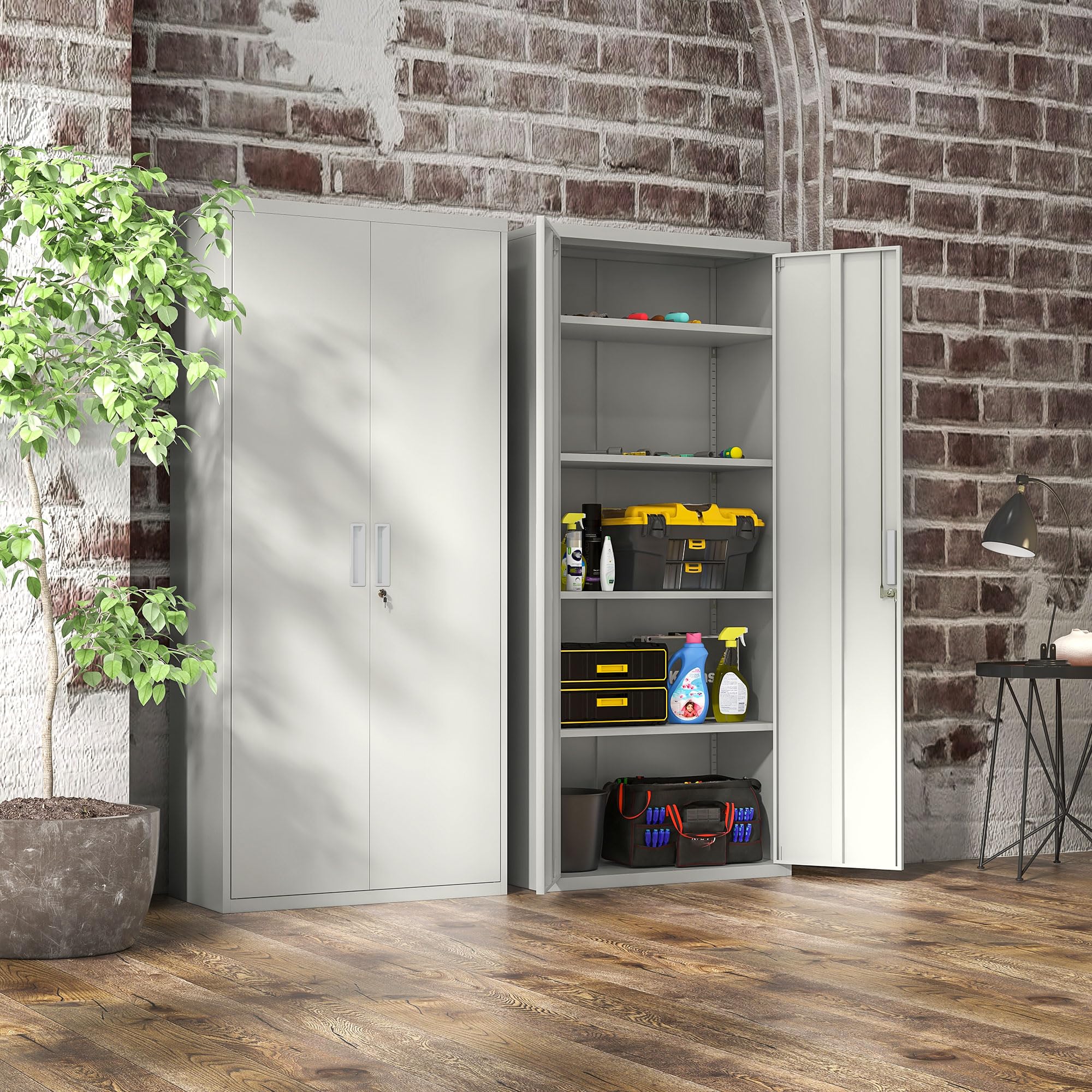 HOMCOM Armadio Ufficio a 5 Livelli con 4 Ripiani Regolabili, Armadio in Metallo Portadocumenti con 2 Ante, Serratura e 2 Chiavi, 80x40x180 cm, Bianco