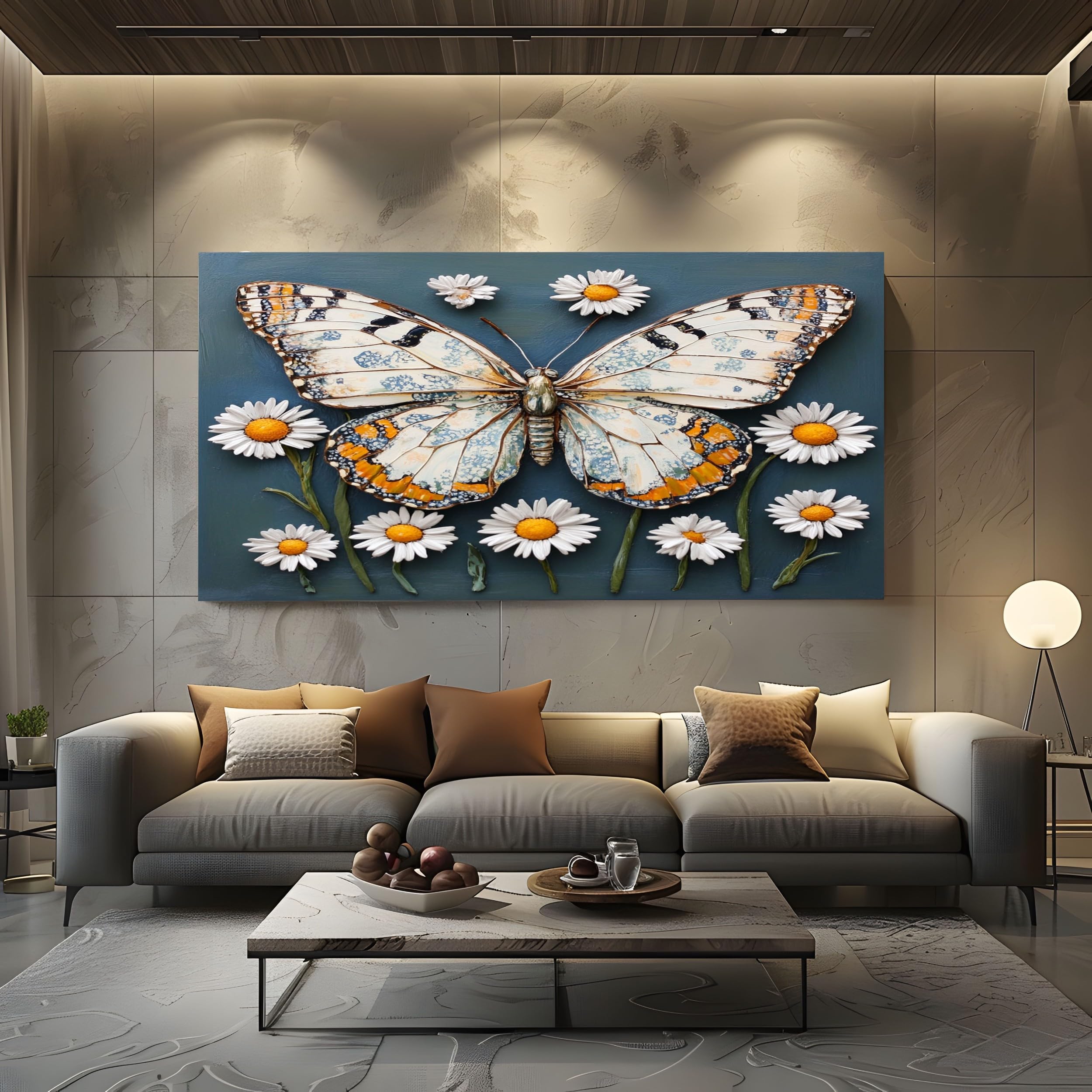 ZORYAN Embossed Butterfly Large Canvas Wall Art Painting Floral Relief Canvas Pictures Wall Art for Living Room Home Office Restaurant Decor, 70x140cm Framed