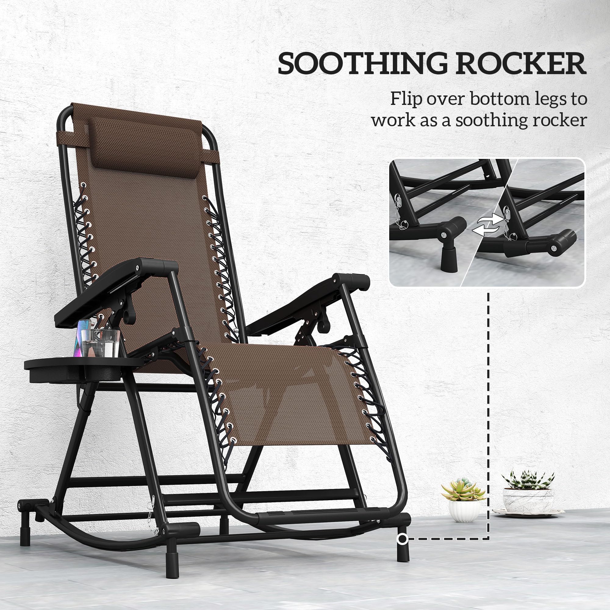 Mecedoras para exteriores, plegables, reclinables, de gravedad cero, con almohada, portavasos y soporte para teléfono, diseño combinado con patas plegables, color marrón 8
