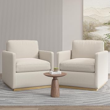 Vipbear Swivel Accent Chair Set of 2, Premium Barrel Chair for Living Room, Mid Century Modern Armchair with Lumbar Pillow for Bedroom Home and Office, Ivory White