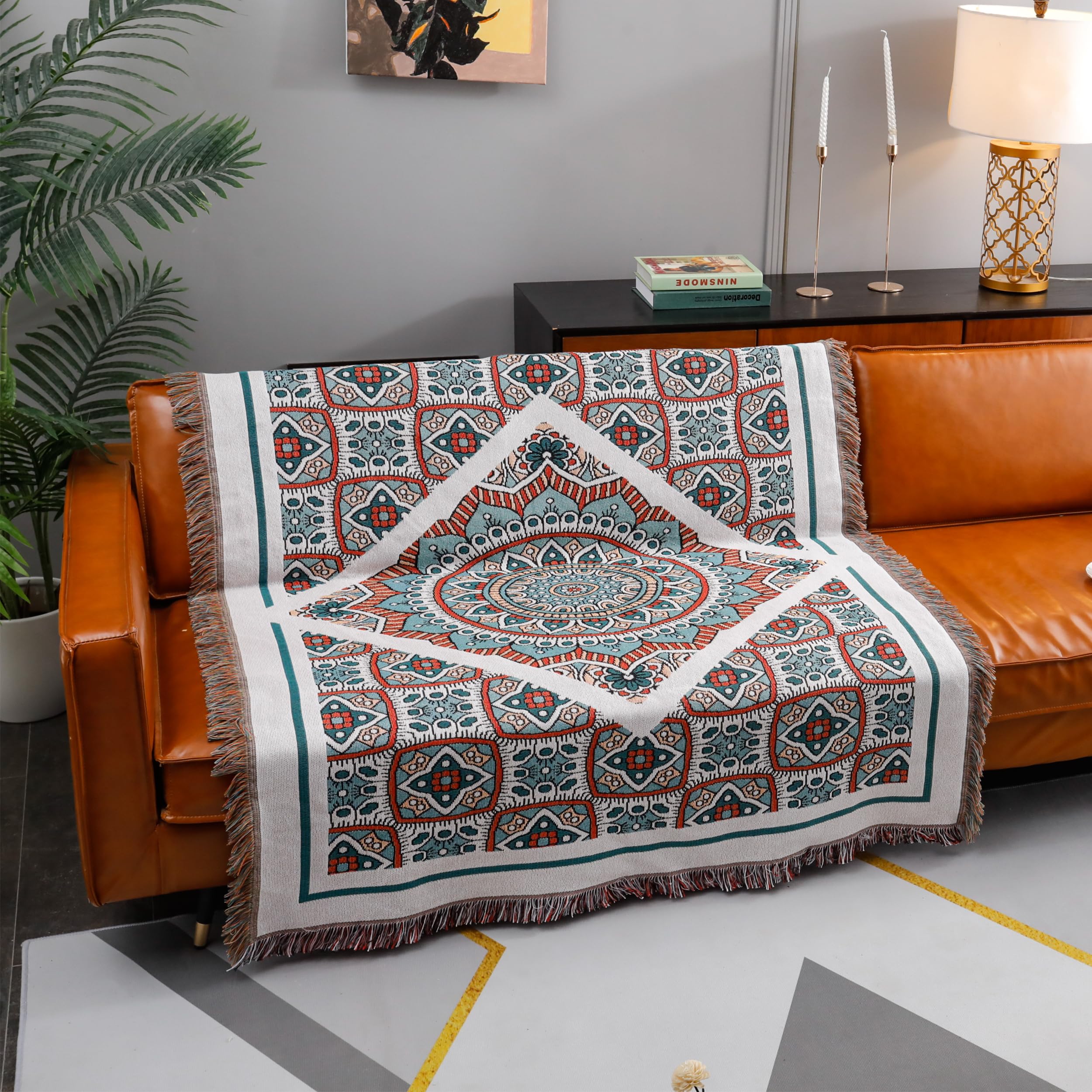 Woven Tapestry Throw Blankets | Couch, Bed, Floors, Soft Cozy Knit Blanket | 4-Side Tassel | Lightweight Decorative Blankets for Bedroom, Furniture & Outdoor | 127X152CM All Season Blanket (23TH-1008)