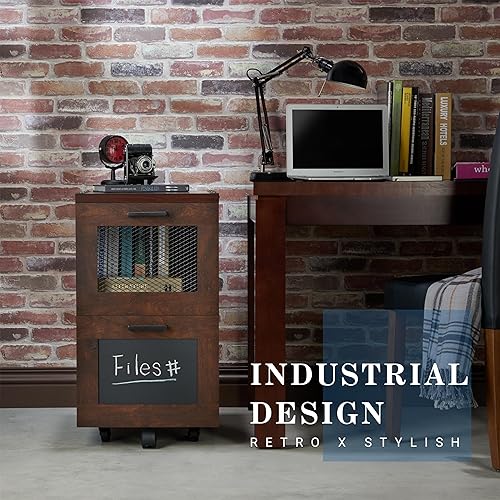 Miniatura 7 de Acosta Industrial dos cajones con detalles de cabeza de clavo, paneles laterales estilo tablón, gabinete de archivo con base de rueda giratoria,