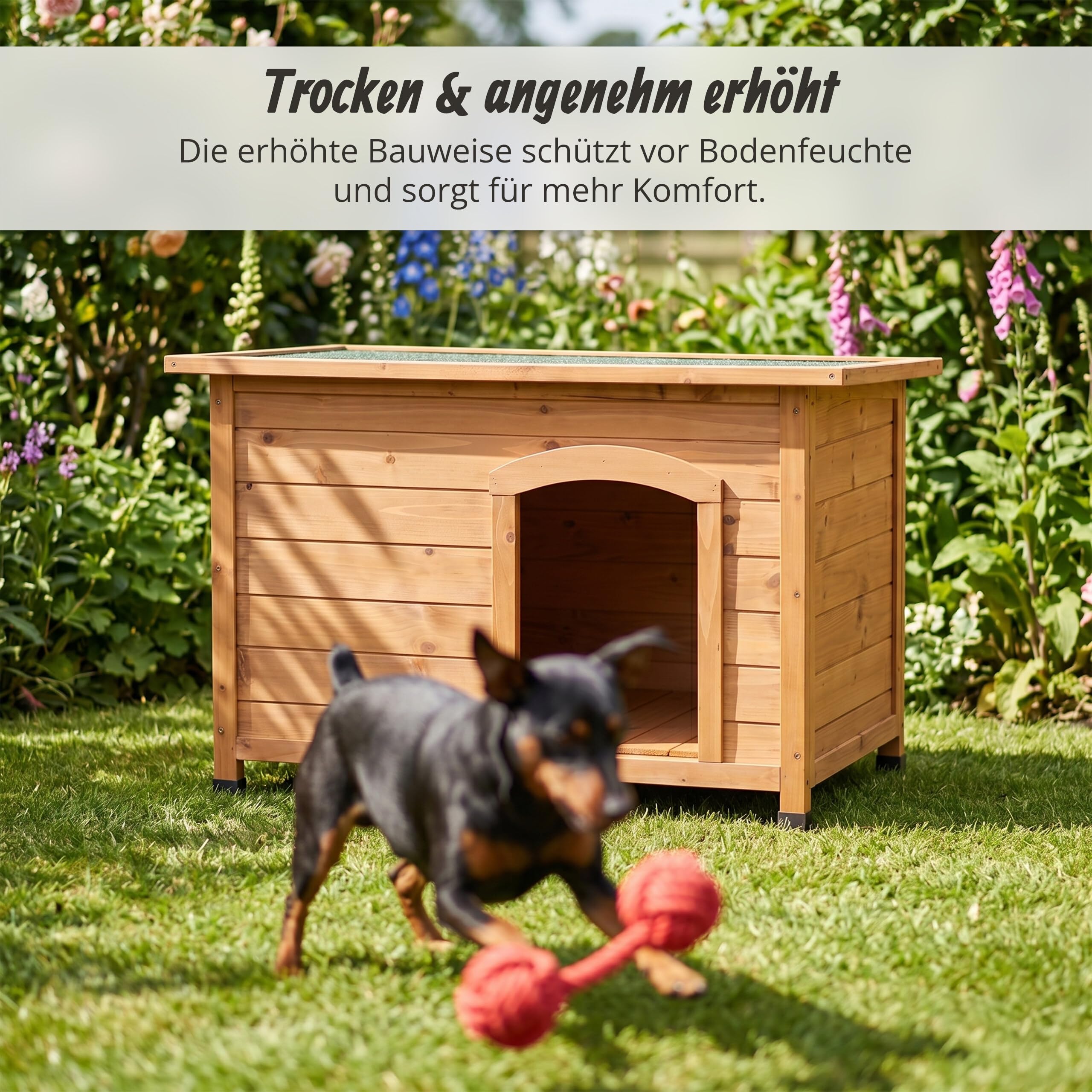 Relaxdays Hundehütte, Holz, HxBxT: 58,5 x 85 x 53 cm, wetterfestes, klappbares Dach, Outdoor Hundevilla, orange/grün