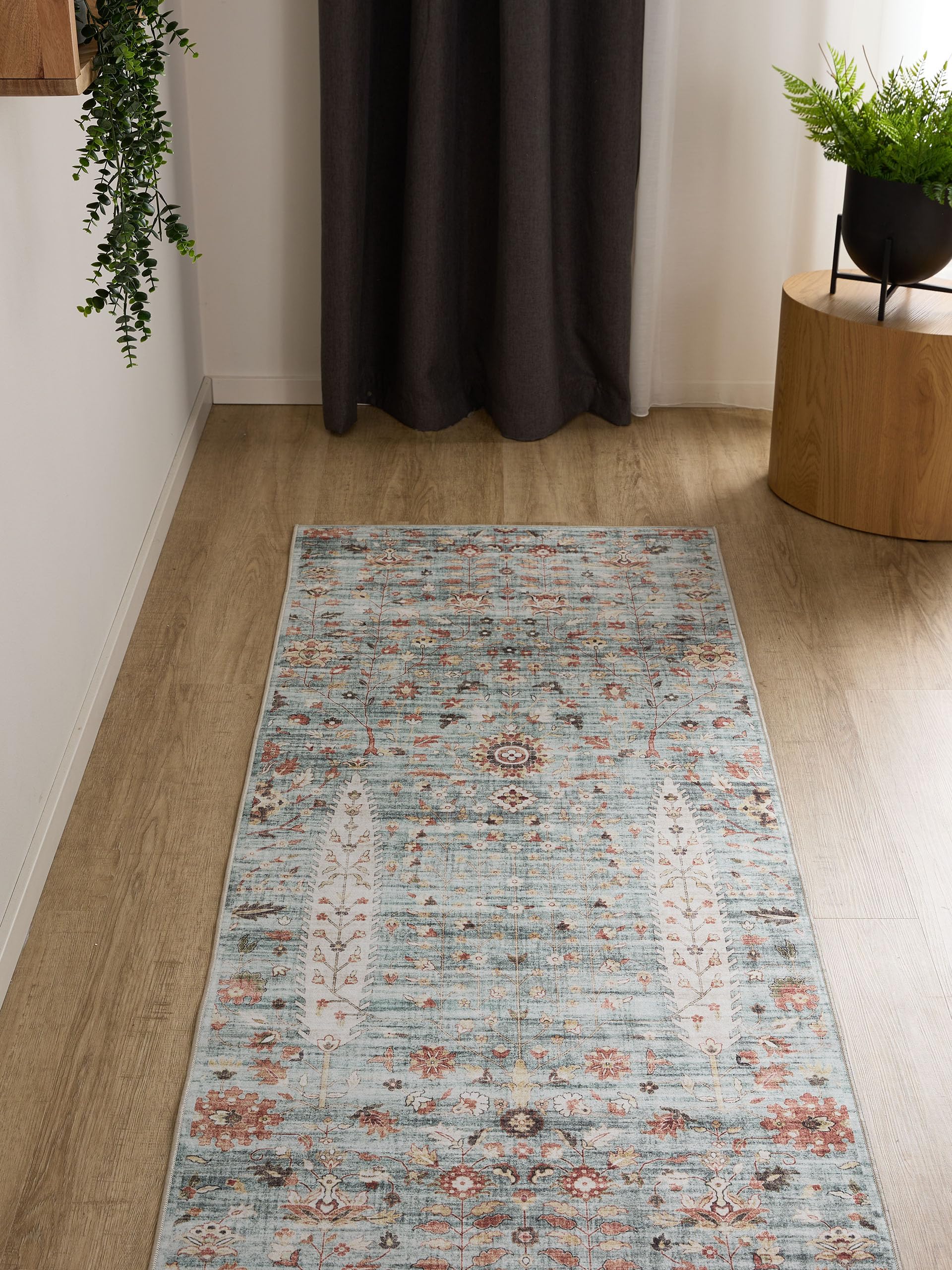 Interiyou Tappeto Vintage Gent - 80x240 cm Turchese - Pelo corto design retrò per salotto, camera da letto, lavabile e antiscivolo, motivo stampato