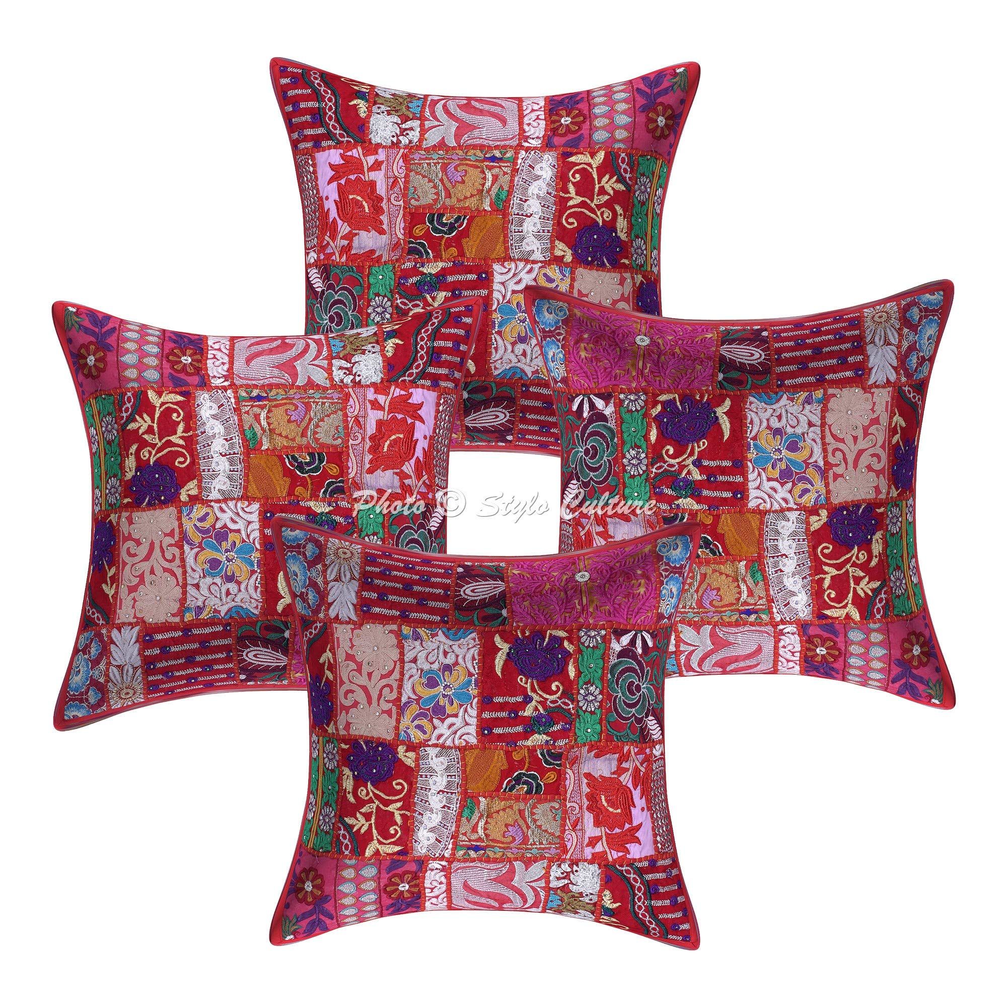 Bohemien Dekorativ Baumwolle Couch Kissenbezüge 50x50 cm Rot Dekokissen Vintage Patchwork Schlafzimmer Sofa Kissen Bezüge Abstrakt Quadrat Umschlagverschluss 20x20 Kissenhullen - 4 STK.