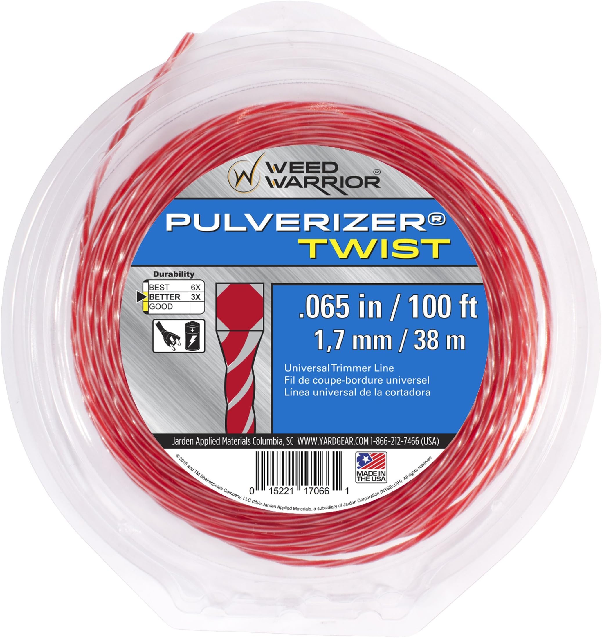 Weed Warrior Pulverizer Twist Universal Trimmer Line, 0.065" Diameter x 100', Red Core/Silver Tips