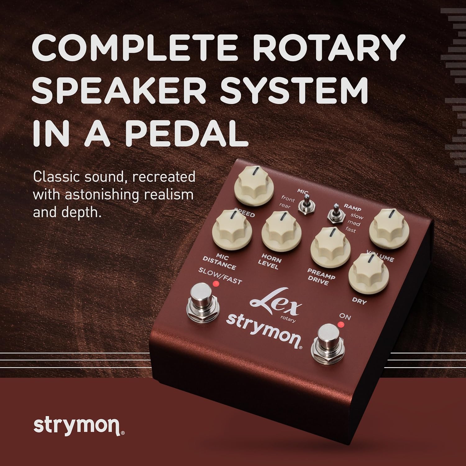 Vrh view of Strymon Lex V2 pedal with all control knobs and switches clearly visible.