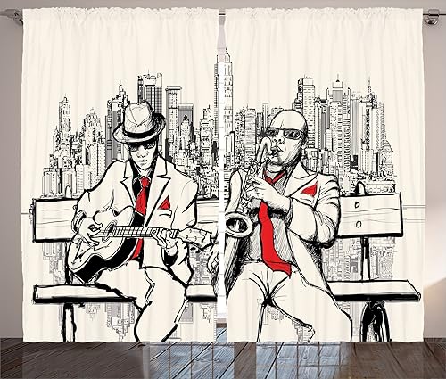 Ambesonne Cortinas musicales, banda de hombres de jazz tocando ritmos en las calles de Nueva York en la noche, estilo retro una impresión de