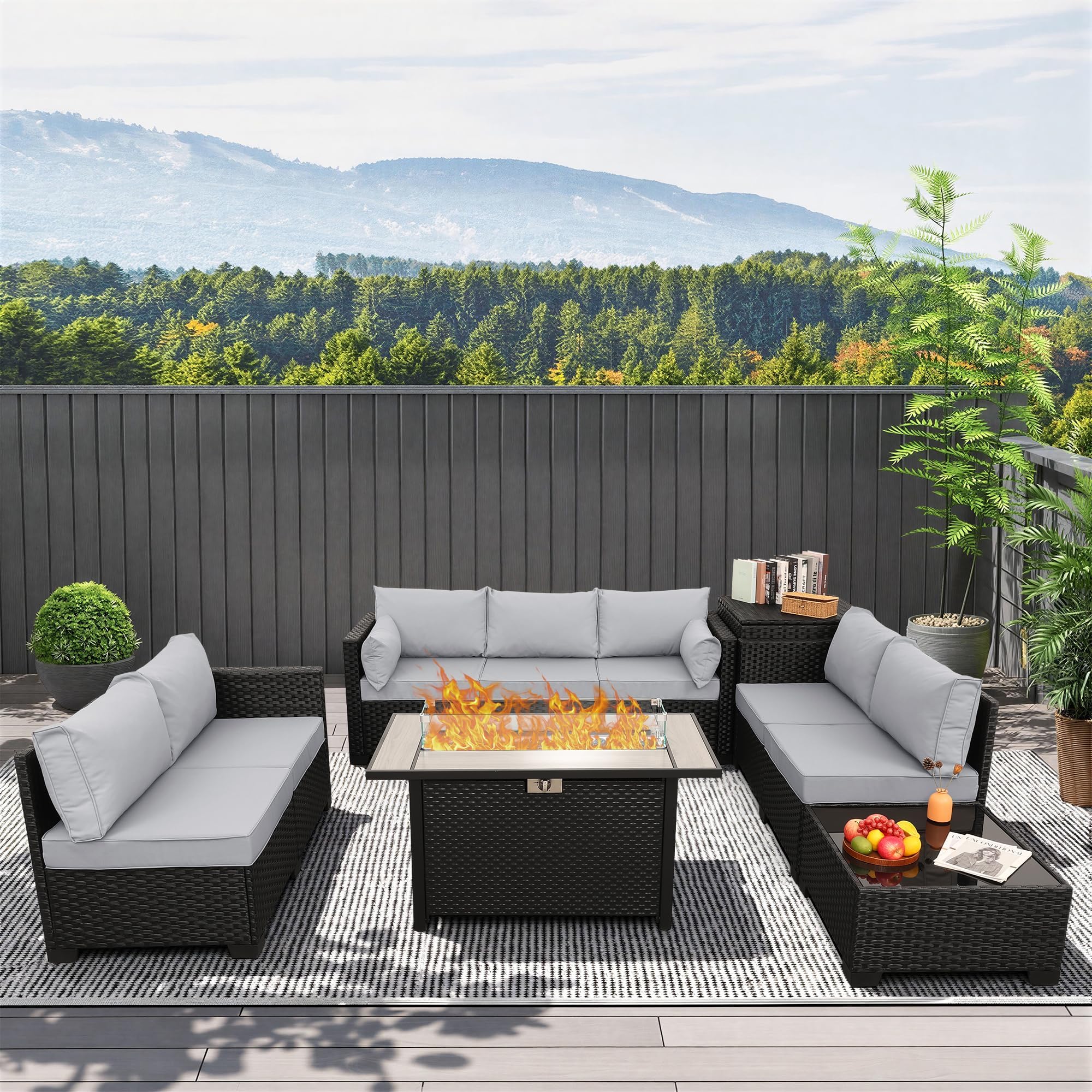 Rattaner 6 PCS Patio Furniture Set Fire Table Outdoor Furniture Sets 45 Inches Gas Fire Pit with Outdoor Storage Box Glass Coffee Table and Waterproof Covers Anti-Slip Light Grey Cushions