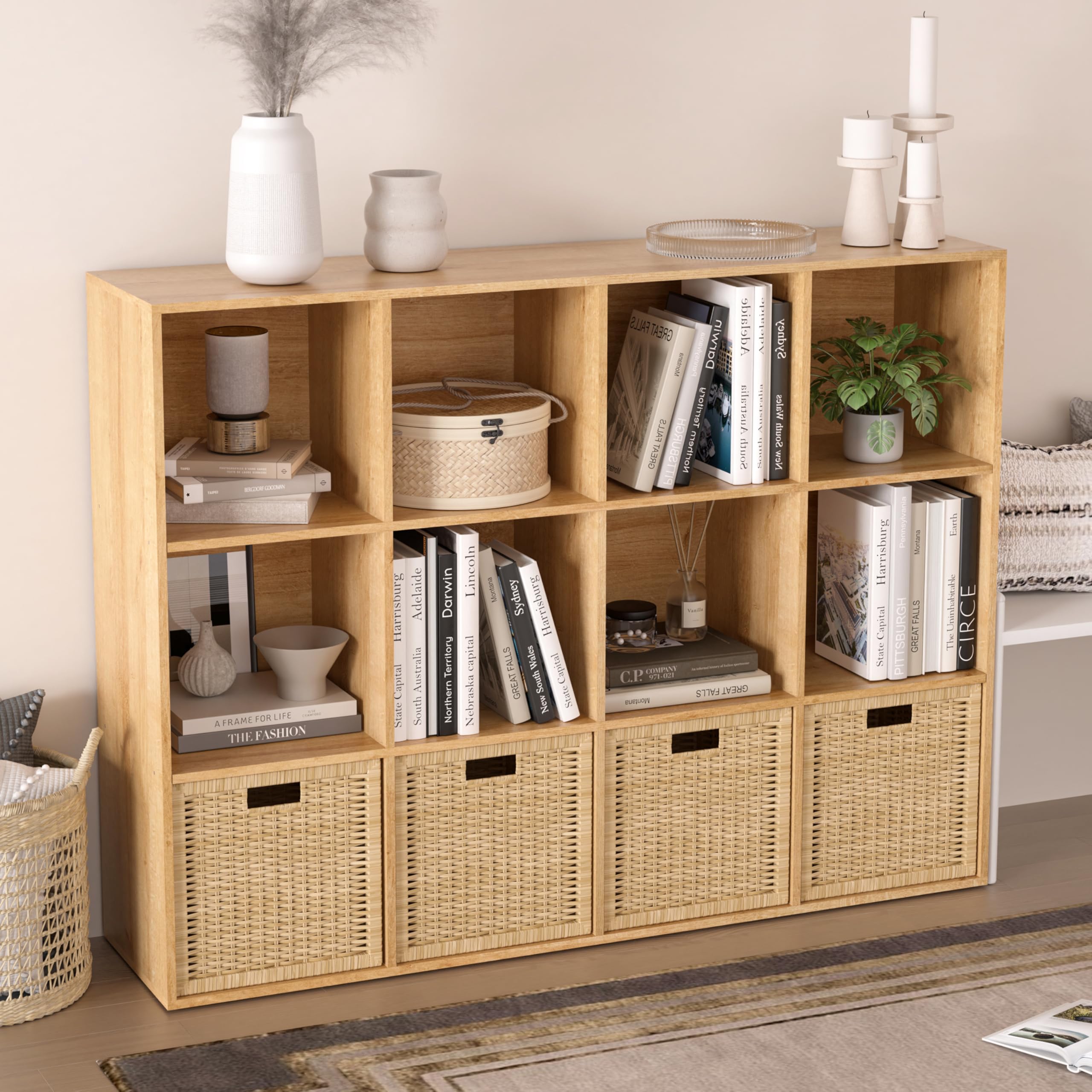 Wooden 12 Cube Storage Organizer with Closed Back Panel, NewBeth, Natural Oak