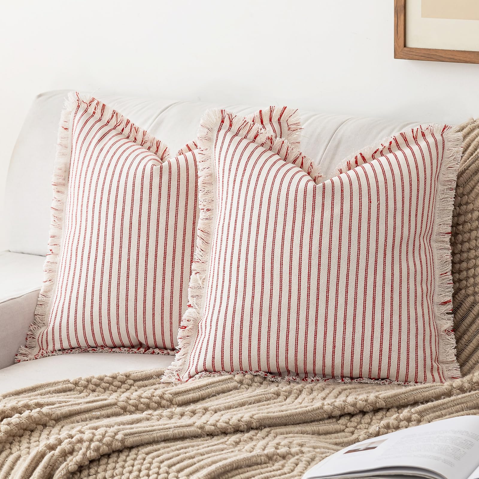 Striped Farmhouse Throw Pillow Covers 24X24 Set of 2 Boho Pillow Cover with Fringe Tassel Chic Cotton Decorative Pillows Modern Neutral Square Cushion Pillowcase for Sofa Couch Bed, Red