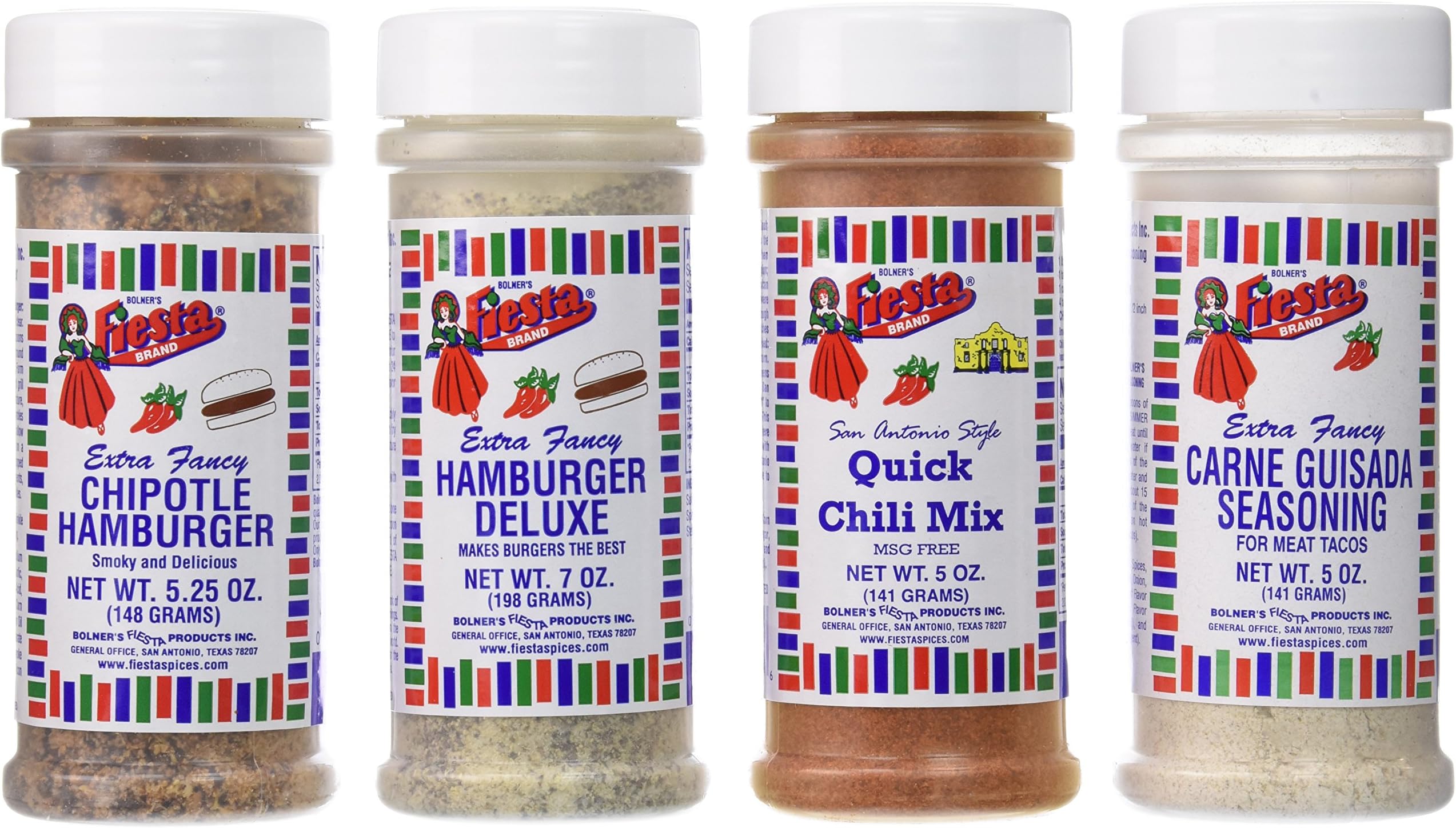 Bolner's Fiesta Extra Fancy Beef Seasoning 4 Flavor Variety Bundle, 1 each: Chipotle Hamburger, Hamburger Deluxe, San Antonio Style Quick Chili, Carne Guisada (5-7 Ounces)