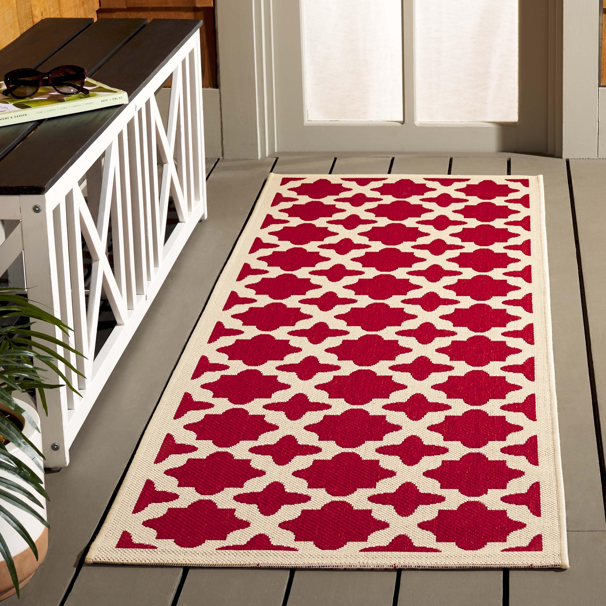 SAFAVIEH Washable Rug Outdoor Courtyard Collection - 2'3" x 6'7" Runner, Red & Bone, Non-Shedding & Easy Cleaning, Ideal for Patio, Entryway, Mudroom,