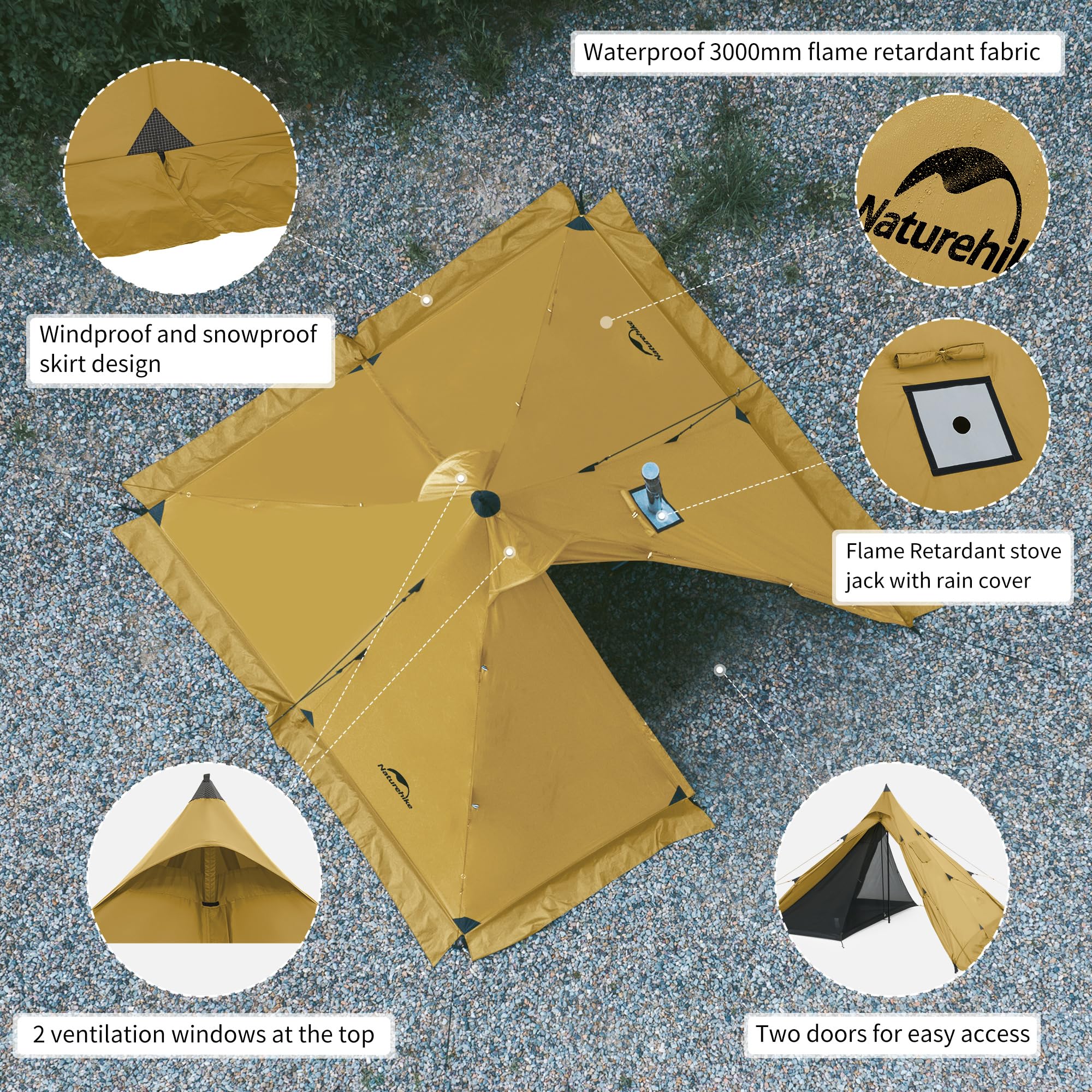 Naturehike Tipi Zelt Firstzelte 3-4 Personen Indianerzelt Wasserdicht Winddicht Einfacher Aufbau Pyramidenzelt für Outdoor Camping Familien