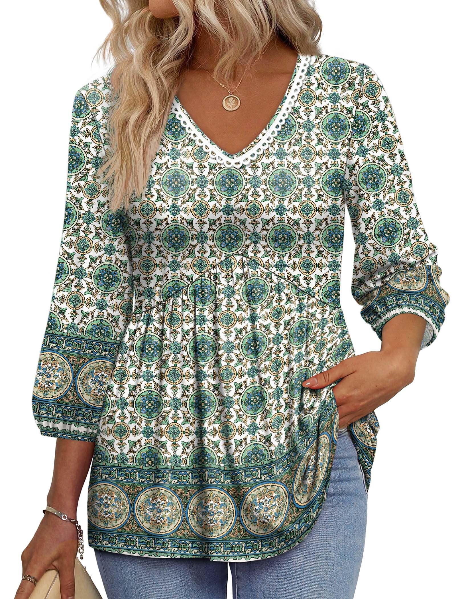OFEEFAN 3/4 Length Sleeve Womens Tops 2026 Blouses for Women Dressy Casual Fashion Clothing V Neck Babydoll Tops Fall Outfits