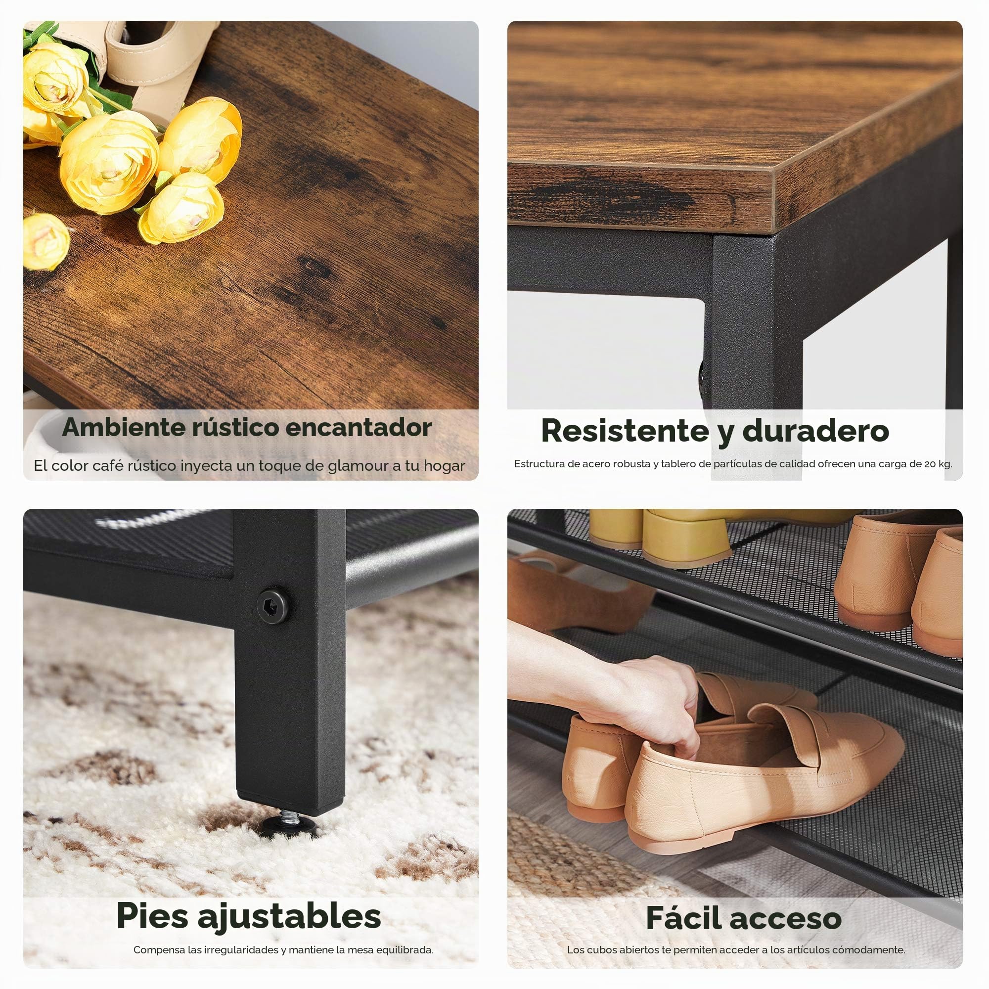 VASAGLE Banco para Zapatos con Asiento, 2 Estantes de Malla, Metálico | Organizador de Almacenamiento de Zapatos, 80 x 30 x 44,5 cm, Industrial, Marrón Rústico y Negro, Colección DACEY LBS74X