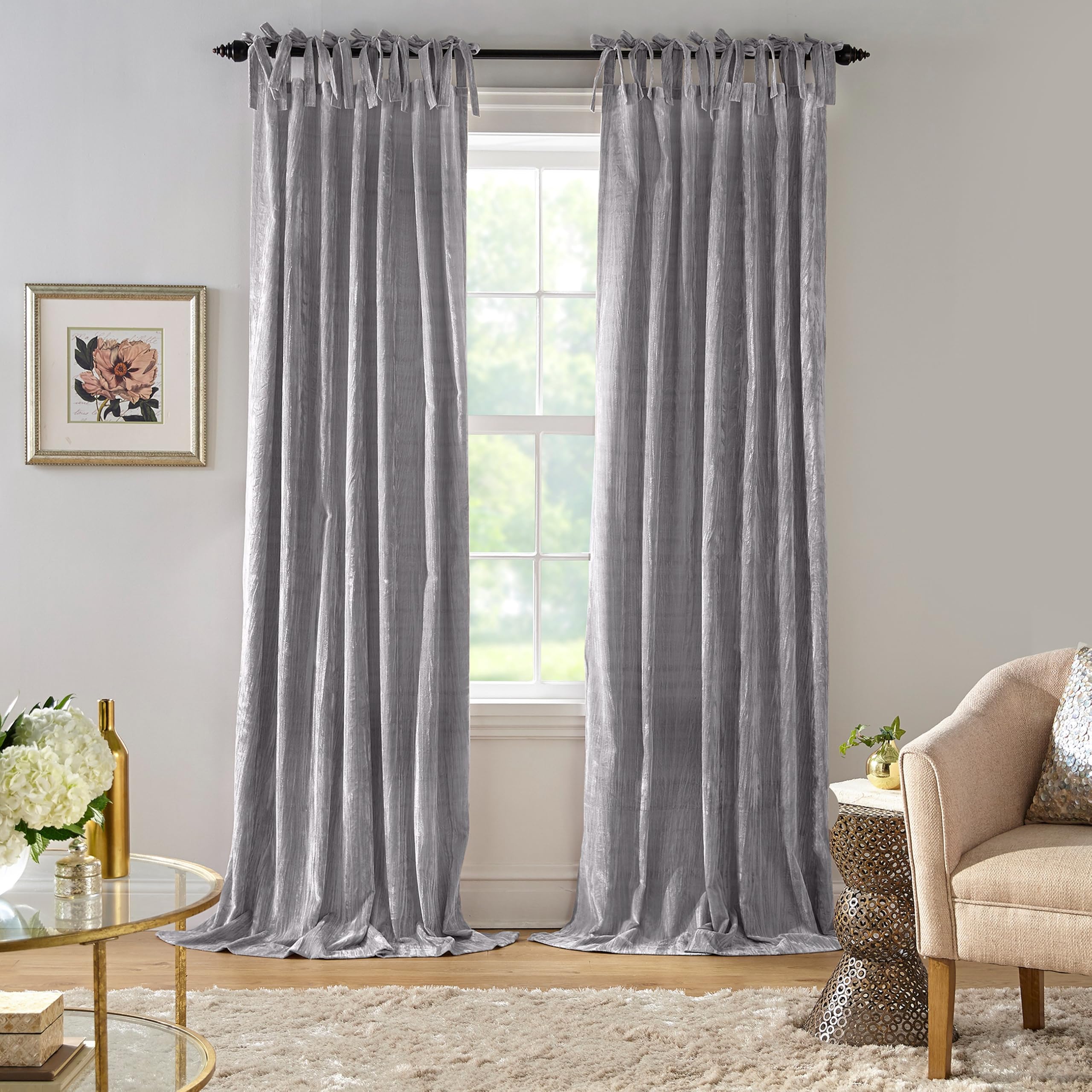 Elrene Home Fashions Korena Rideau de fenêtre en Velours écrasé à Nouer – Rideau Rustique Chic pour Salon ou Chambre à Coucher – 132,1 x 241,3 cm – Gris – 1 Panneau