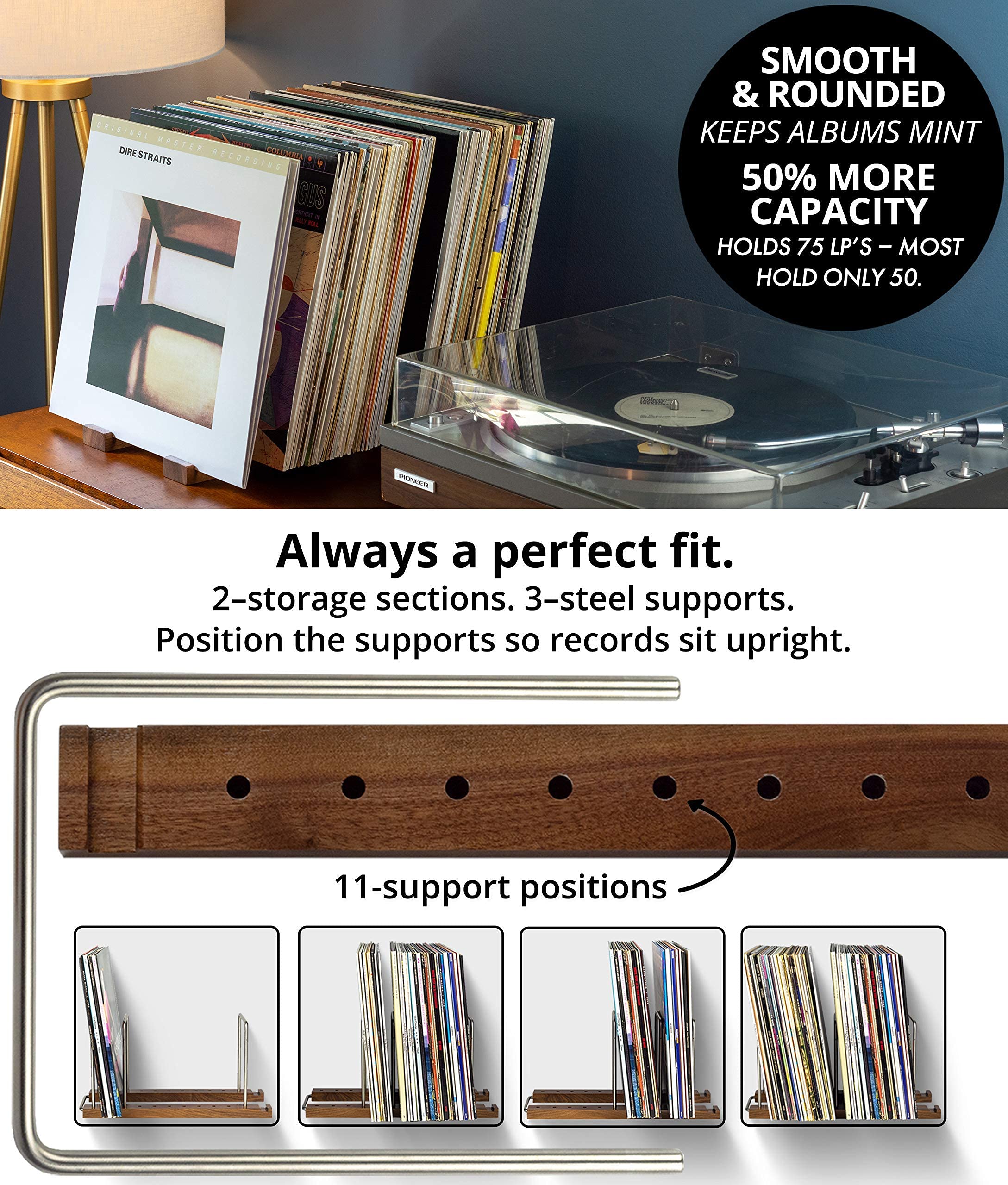 Buy Optage Audio Record Collection Holder, 75 LP Solid Walnut Vinyl