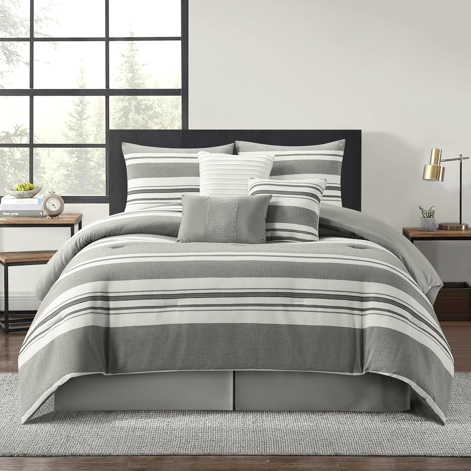 Stratford Park White Grey Comforter Set Queen Size, 7 Piece Geometric Jacquard Bedding Set, Matching Bedskirt, Pillows & Shams, Curtains