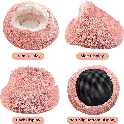 Miniatura 5 de Cama para gatos redonda y esponjosa con capucha para gatos, con funda de felpa no plegada, cama para gatos de interior, camas calmantes para perros