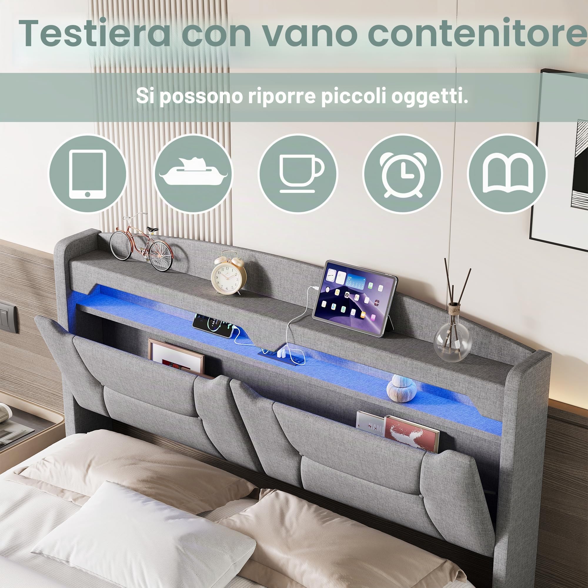 Letto con Cassetto 140x200 con LED e USB, Letto per 2 Persone con Testiera Imbottita e Spazio di Archiviazione, Letto Matrimoniale con Rete a Doghe per Adulti e Adolescenti, senza Materasso