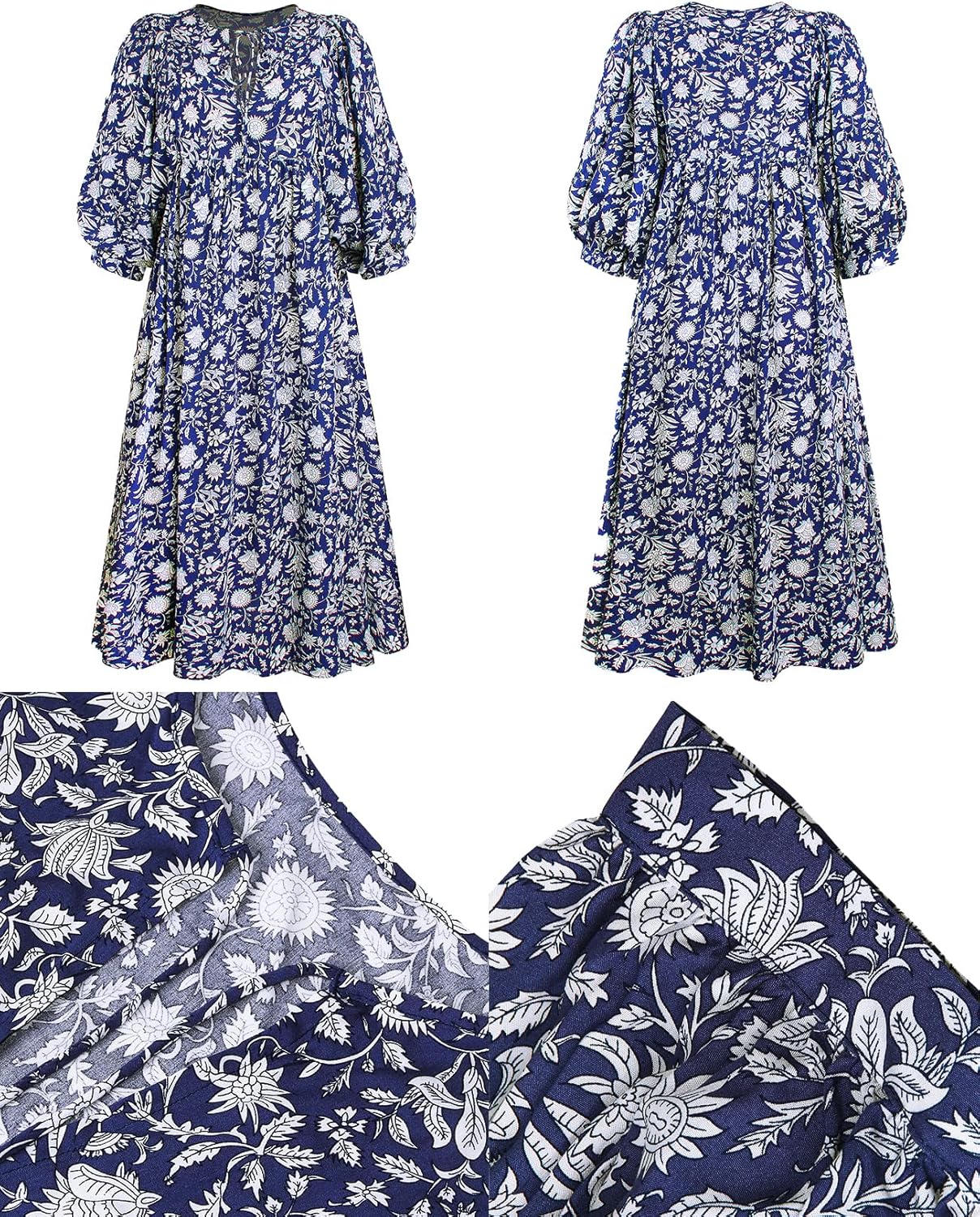 Casual Summer Dresses for Women Swing Floral Half Open Collar Boho Puff Sleeve Loose Midi Beach Dress - Image 6