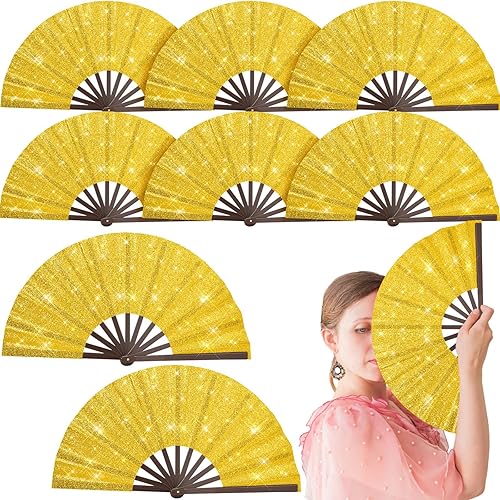 Miniatura 9 de Wenqik 9 piezas de decoración de abanico grande con purpurina plegable de bambú plegable plegable a mano ventilador chino de Kung Fu para regalos de