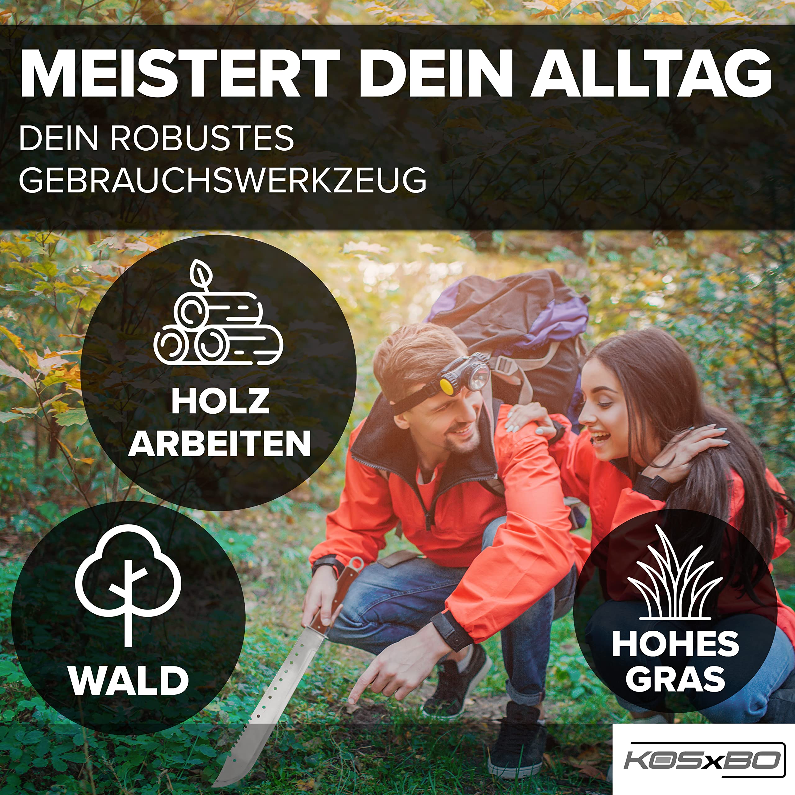 KOSxBO XXL SET Machete Survival 69 cm incl. Wurfmesser im FULL TANG Blade Style Zombie Dead Hunter Macheten Buschmesser aus Edelstahl, silber edelstahl rot holz braun