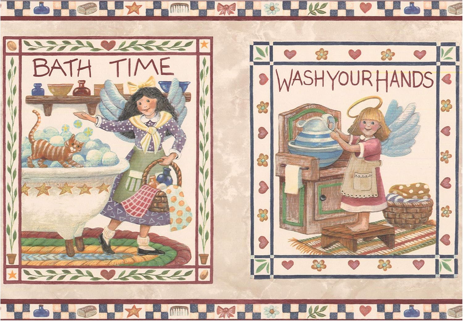 Wallpaper Border - Bath Time Wash Your Hands Kitchen Bathroom Wall Border Retro Design, Prepasted Roll 15 ft. x 9 in.