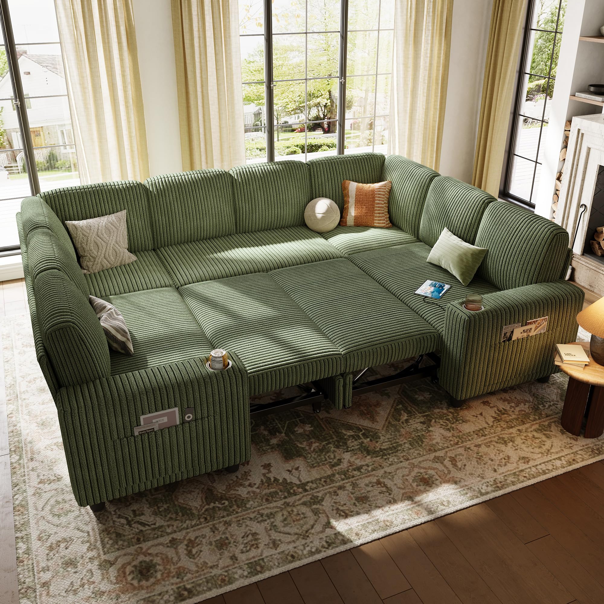 LINSY HOME Sectional Sleeper Sofa with Pull Out Couch Bed - Convertible Plush Corduroy Cloud Couch with Storage Chaise & USB Charging, Comfy Modular