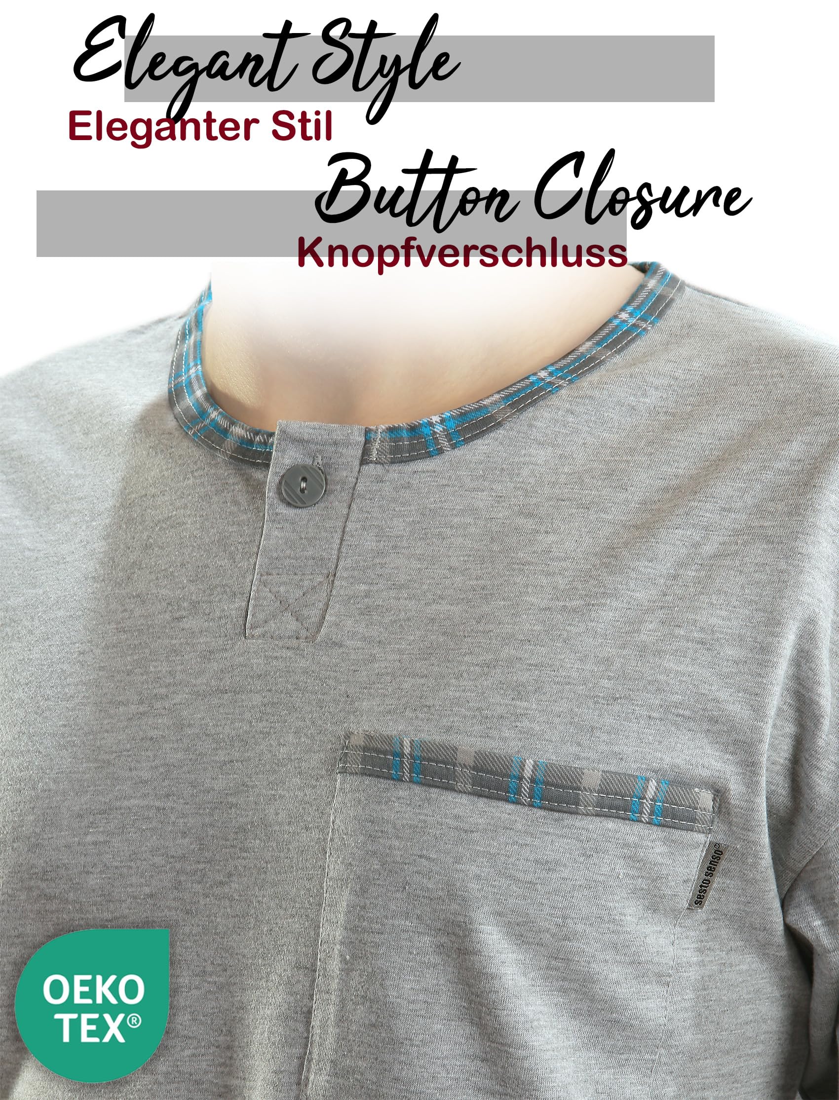 Sesto Senso Pijama Hombre Largo Algodon Inverno Clásico 2 Piezas Ropa De Dormir Conjunto Camisa Manga Larga Pantalones Largos