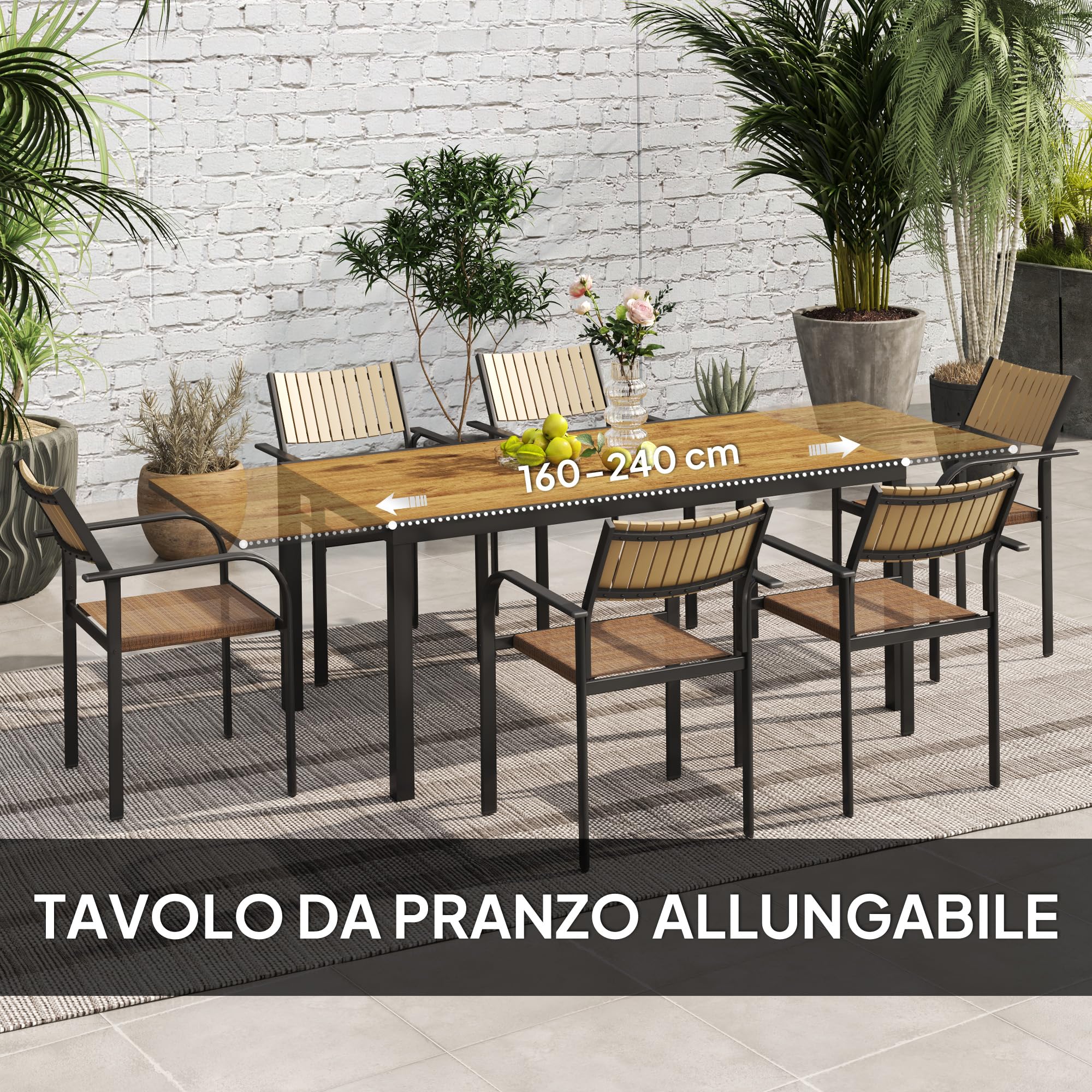 Outsunny Set Tavolo da Giardino Allungabile 7 Pezzi con Sedie Impilabili, Acciaio e Textilene, Marrone