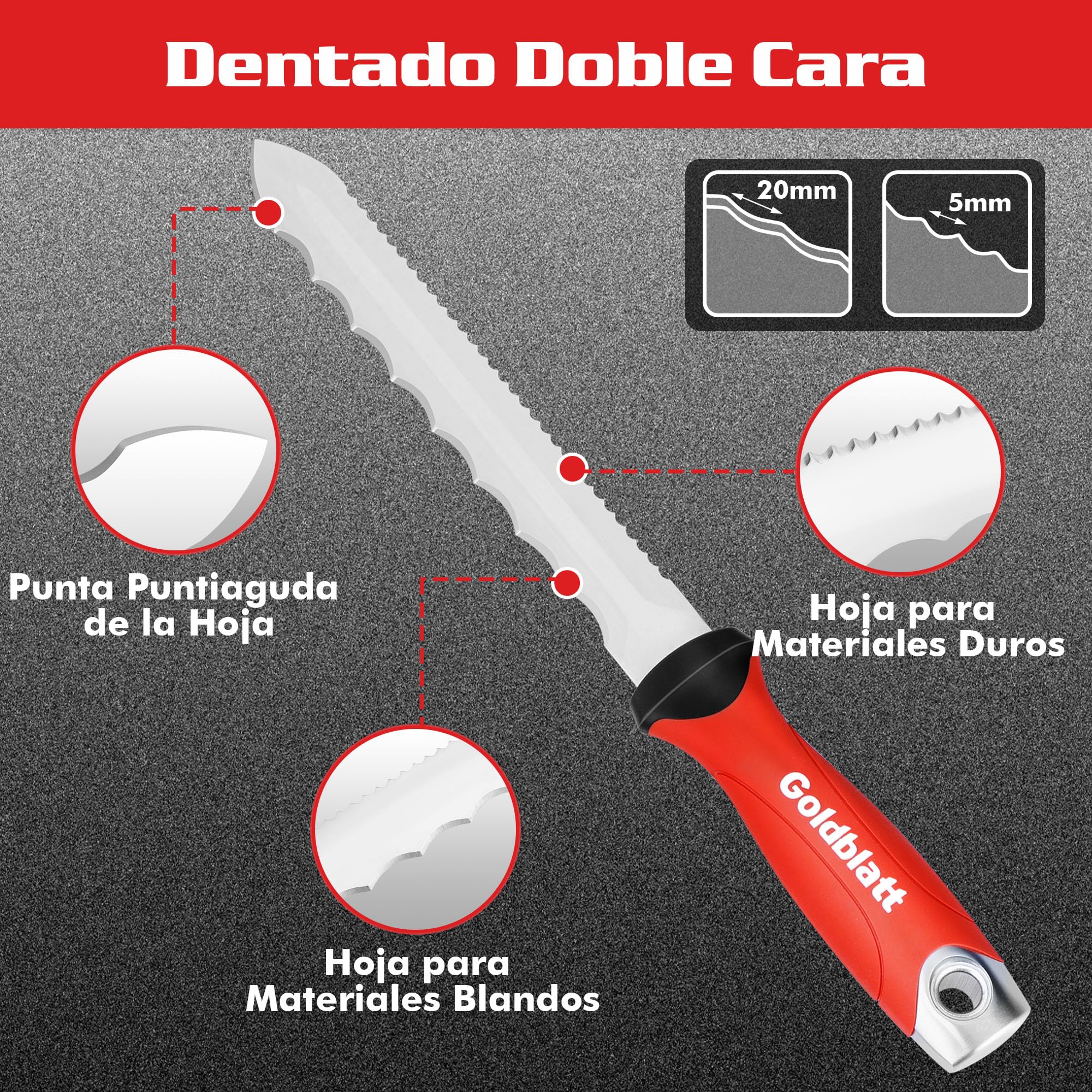 Goldblatt Cuchillo para Aislamiento, Hoja de Acero Inoxidable de 20 cm, Cuchillo de Aislamiento de Doble Cara, para Cortar Materiales Aislantes como Lana Mineral, Lana de Vidrio y Lana de Roca