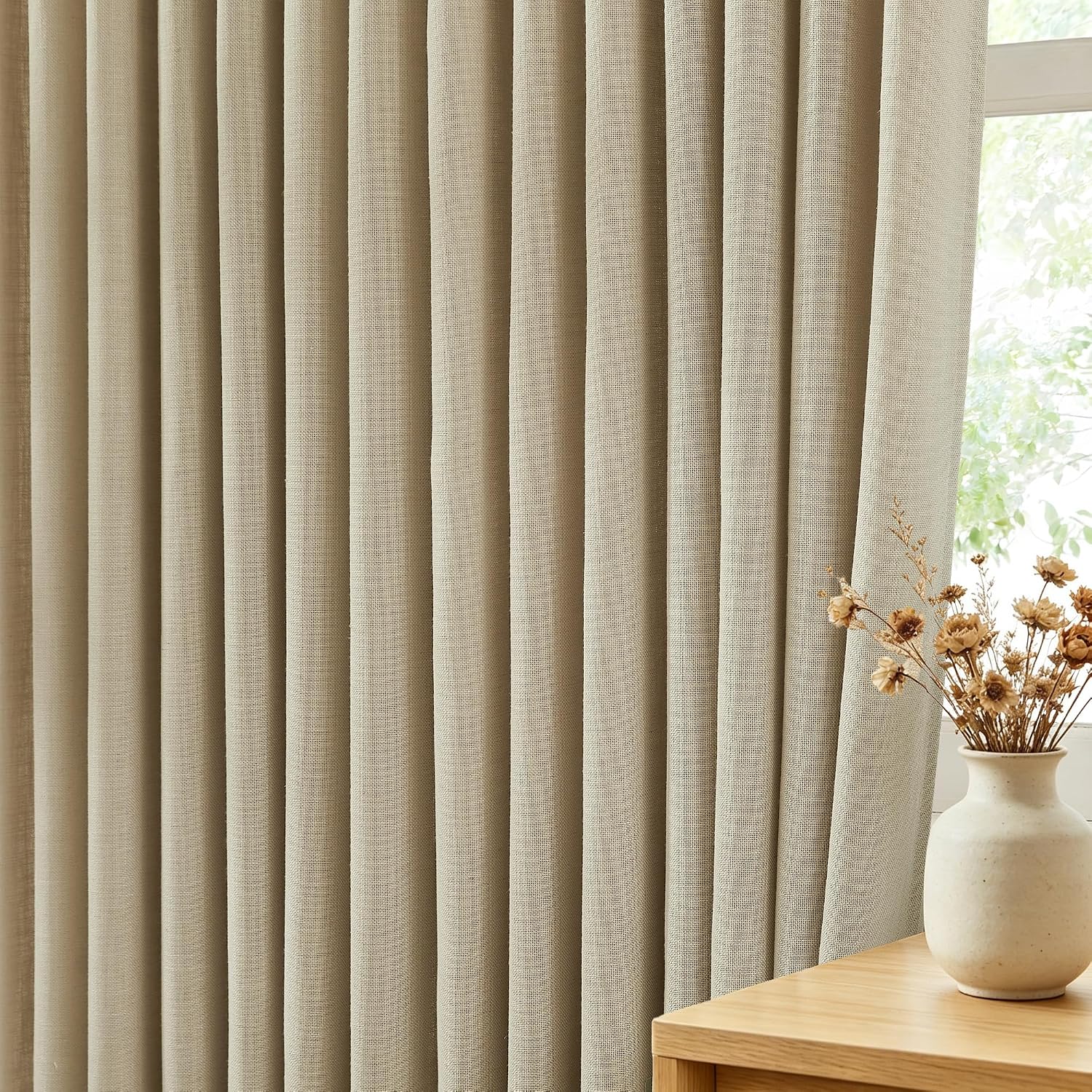 Tripe Pinch Pleat Oatmeal Tan Linen Curtains for Living Room Bedroom 2 Panels Set Rustic Farmhouse Burlap Textured Pleated Curtains with Hooks Light Filtering Memory Trained Drapes 84 inches Long image 5