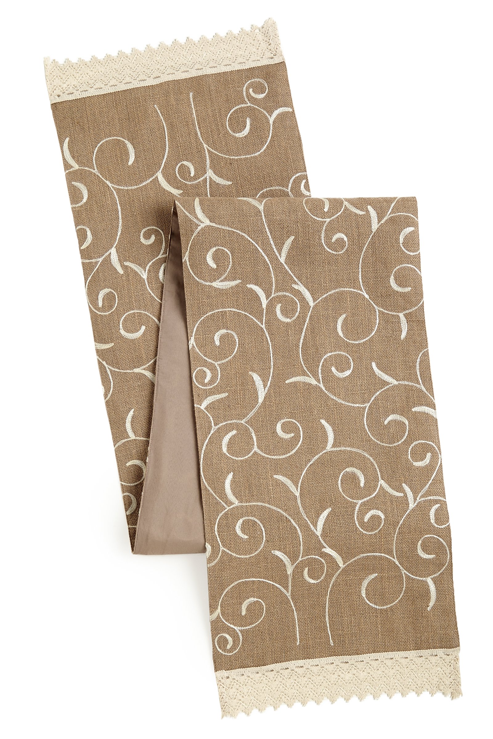 COTTON CRAFTJute Table Runner - Ivory Lace Fringe Scroll Embroidered Natural Burlap - Harvest Autumn Fall Thanksgiving Holiday Xmas Festive Celebration Dresser Dining Kitchen Tabletop - 13x72 inches