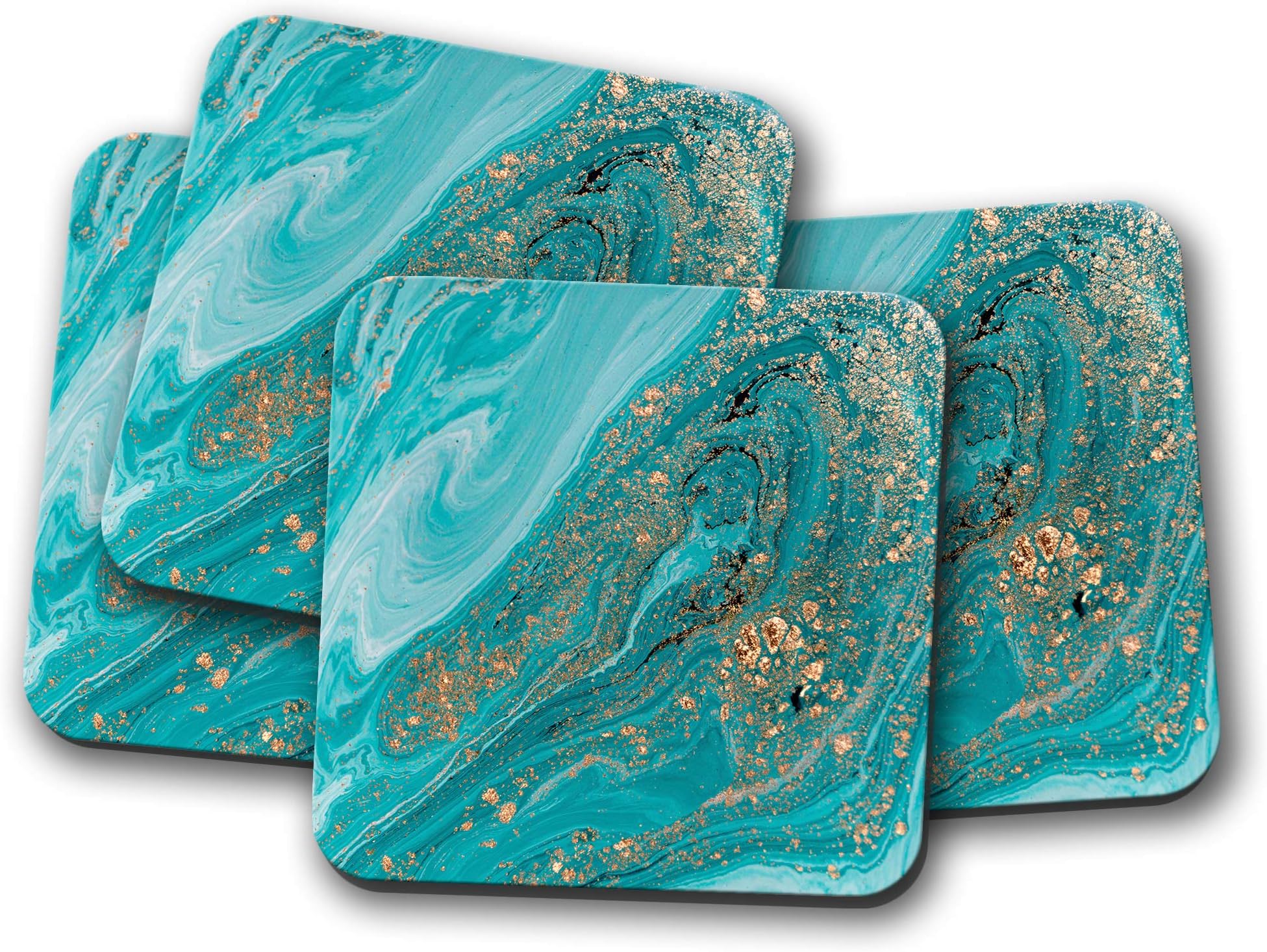 4 Set - Turquoise Marble Coaster - Gold Glitter Ooze Rock Stone Fun Gift #15196