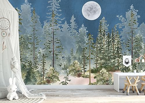 Innovative Stencils Papel tapiz autoadhesivo de acuarela de pinos y bosques, decoración de guardería, decoración de bosques, mural de tamaños