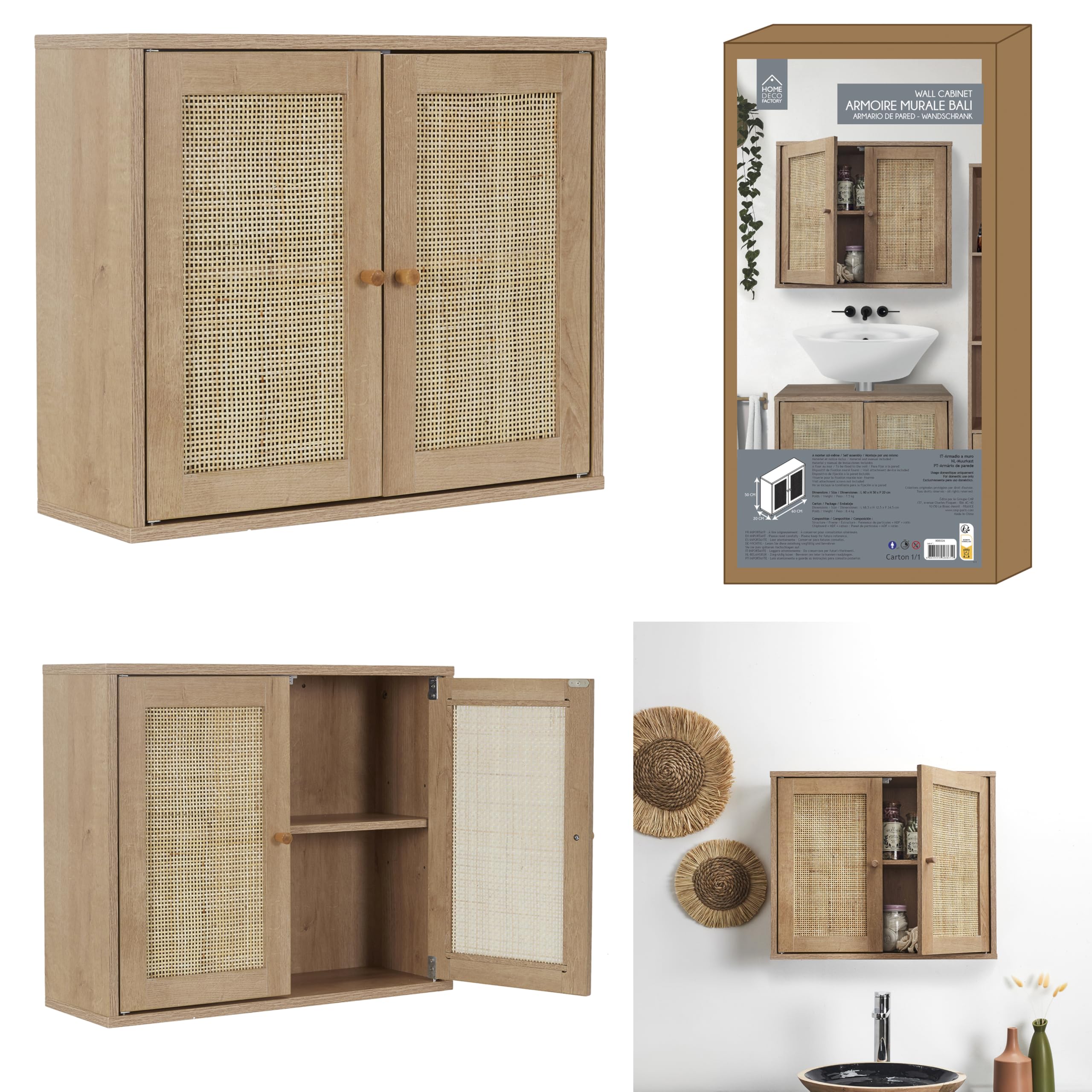 HOME DECO FACTORY - Armoire Murale Modèle Bali Collection Natural Crush - Meuble de Salle de Bain - 60 x 50 x 20 cm - Marron - Design Élégant et Pratique pour Votre Intérieur - Modèle Bali | Panneaux de particules, armoire murale, modèle Bali, salle de ba