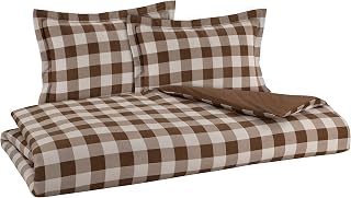Flannel Reversible Duvet Cover Set 100% Cotton 1 Duvet Cover 86" x 86" and 2 Shams 20" x 26" (Full/Queen, Buffalo Check Brown)