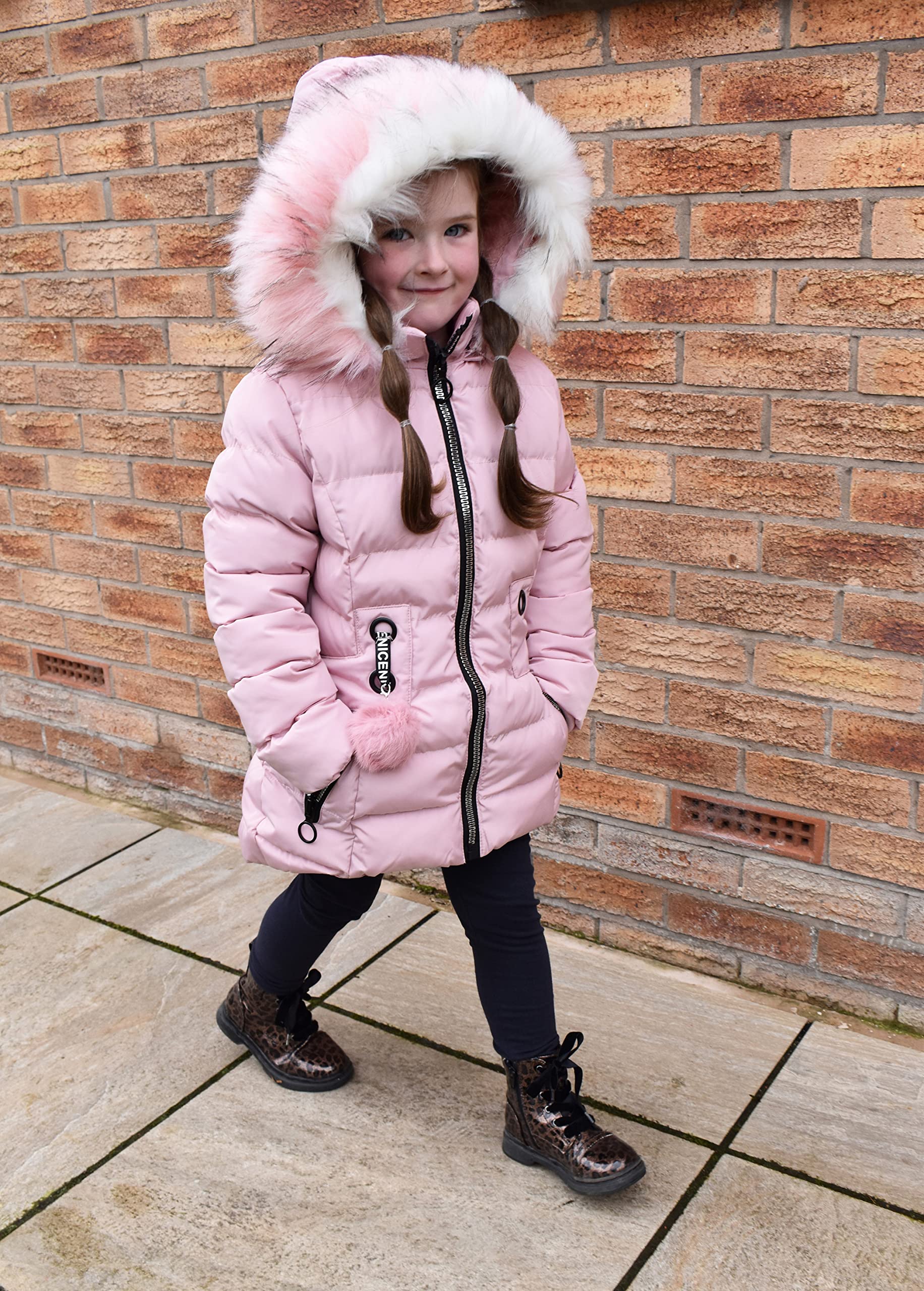 Carbone Fashion Cappotto Puffa Giacche Giubbotto Bambina, Lunghezza Media, con Zip Metallica, con Pelliccia Rosa (CFW1915-Pink) Rosa età 9-10