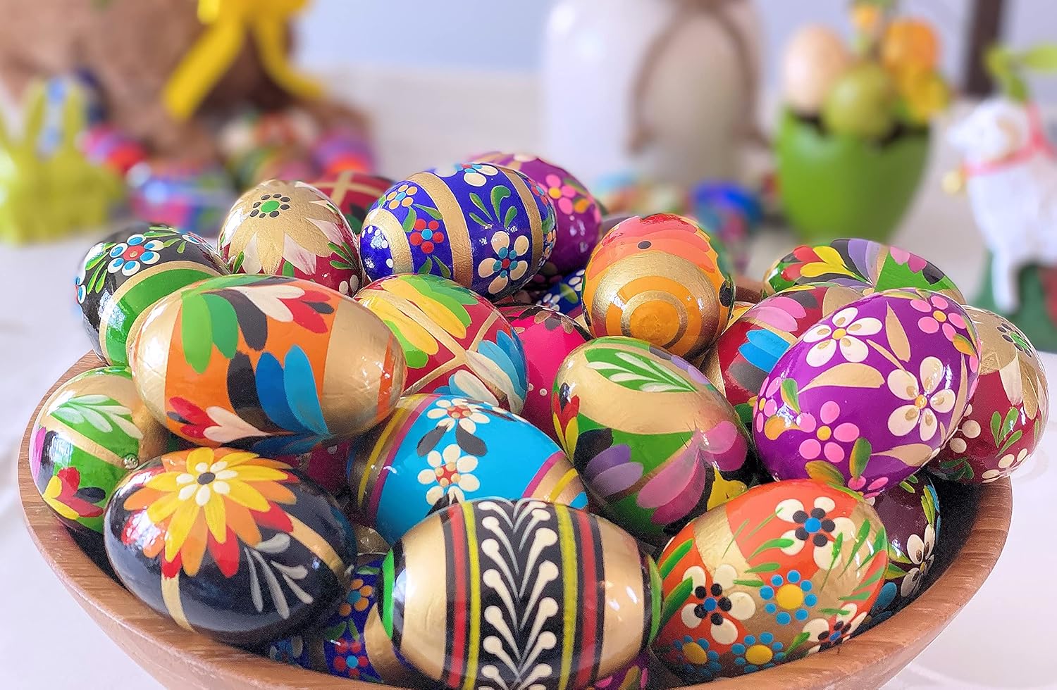 Polish Easter Handpainted Wooden Eggs (Pisanki) Decorative Eggs for Easter - Set of 6 Large Eggs
