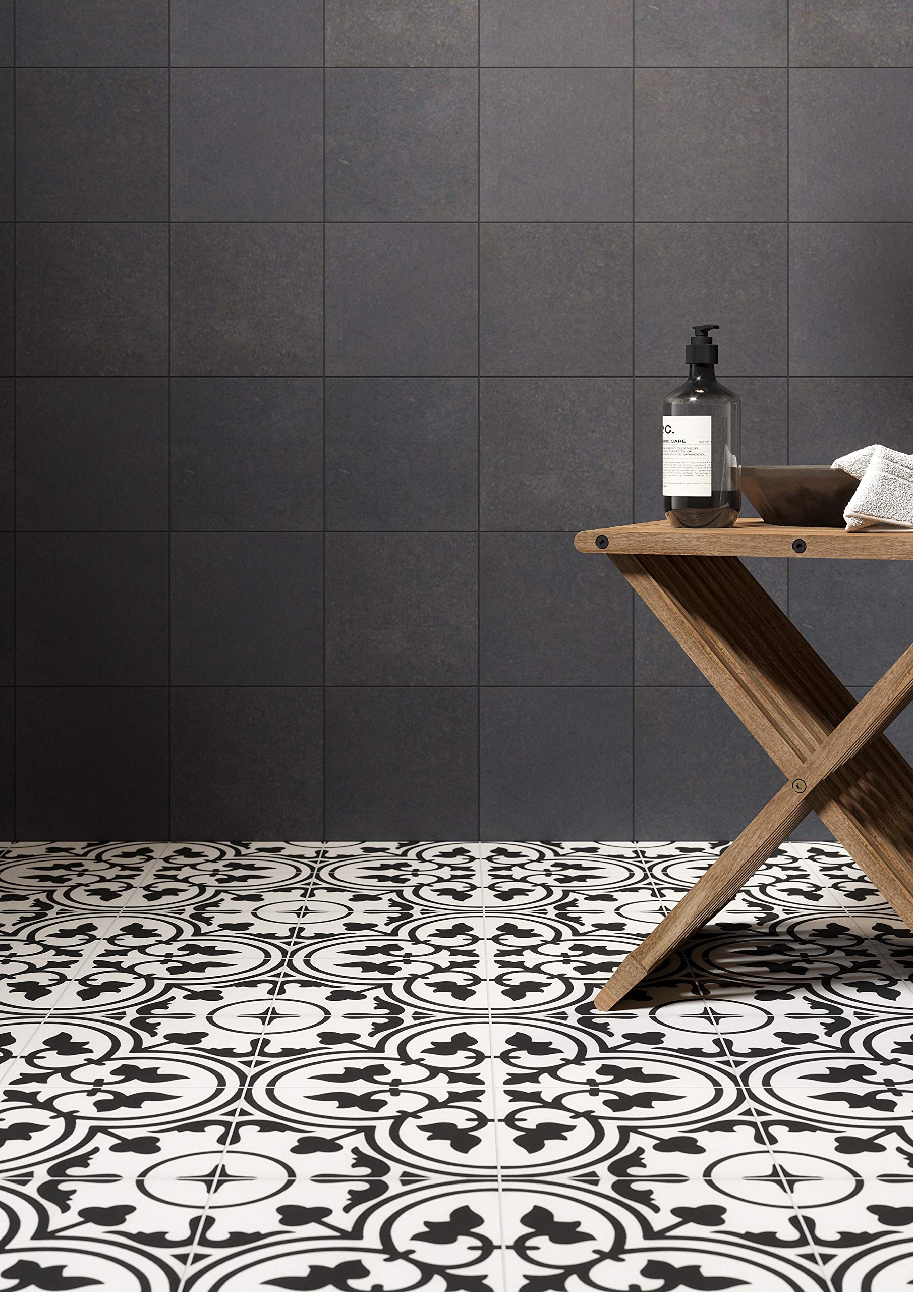 Atlas Ceramics Black Reverie Patterned Floor & Wall Porcelain Tile, 200Mm X 200Mm - Kitchen Or Bathroom Splashback