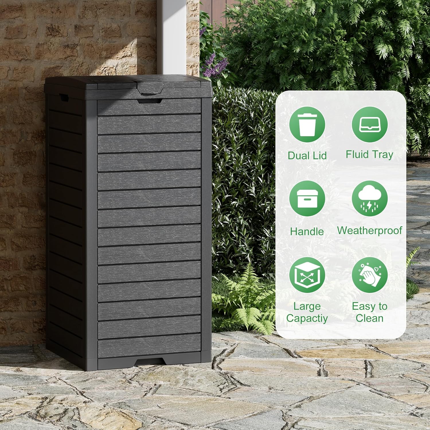 Outdoor Trash Can with Lid and Drip Tray, Waterproof Resin Hideaway Outdoor Garbage Can, Large Trash Can Outside for Patio, Garage, Backyard, Garden, Deck, Pool, Black (31 Gallon)