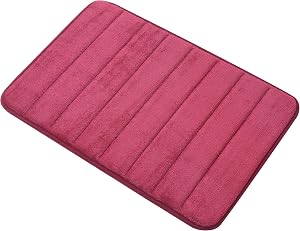 Memory Foam Bath Mat, 24x16 Inches, Super Absorbent Soft Bathroom Rug for tub, Quick Drying Non-Slip Door mat Floor Cushion,Machine Washable, Thick（1 Piece-Striped Wine Red）