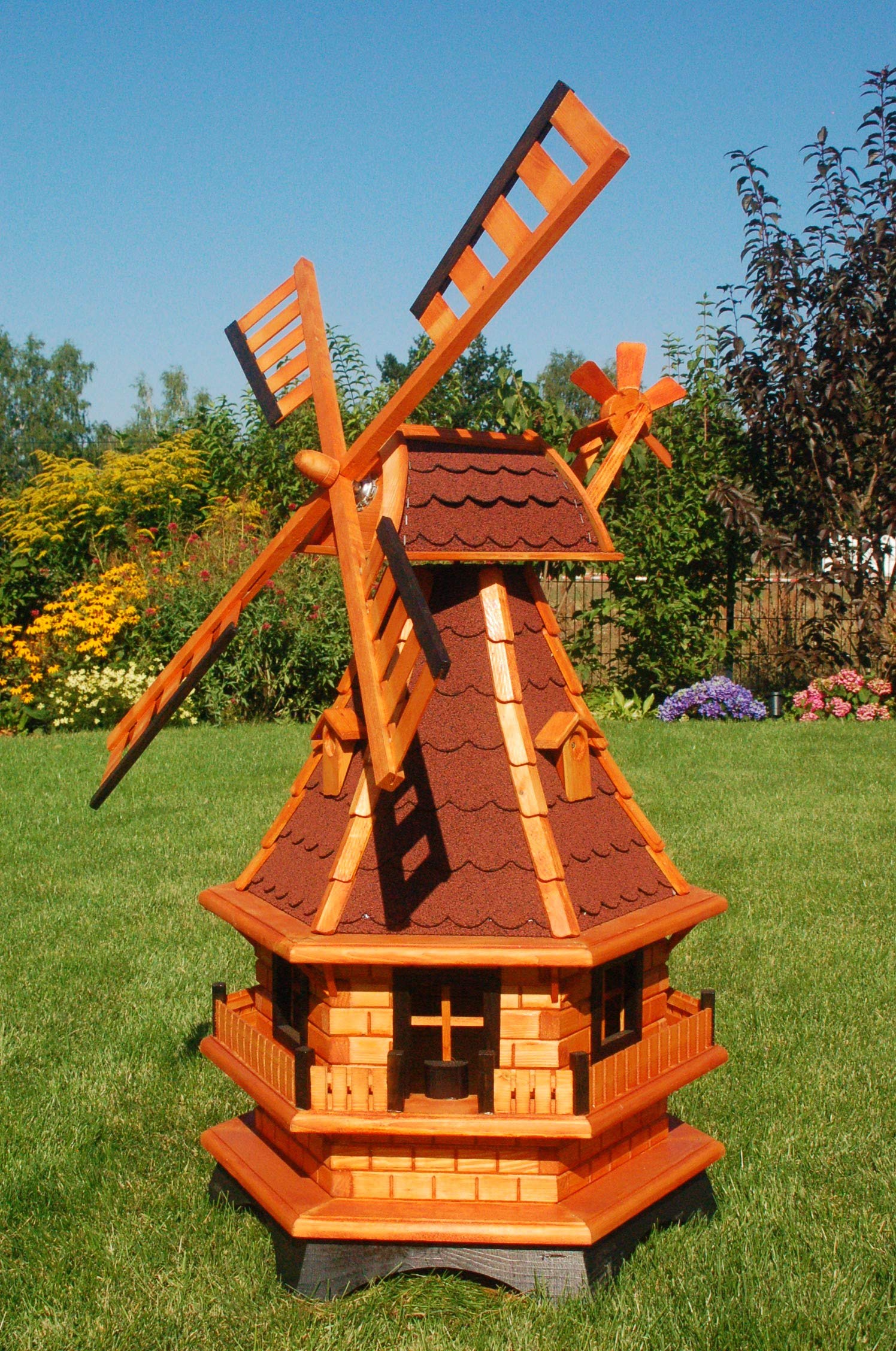 Moulin à vent à roulement à billes avec éclairage solaire au choix (rouge avec éclairage solaire, hauteur 100 cm)