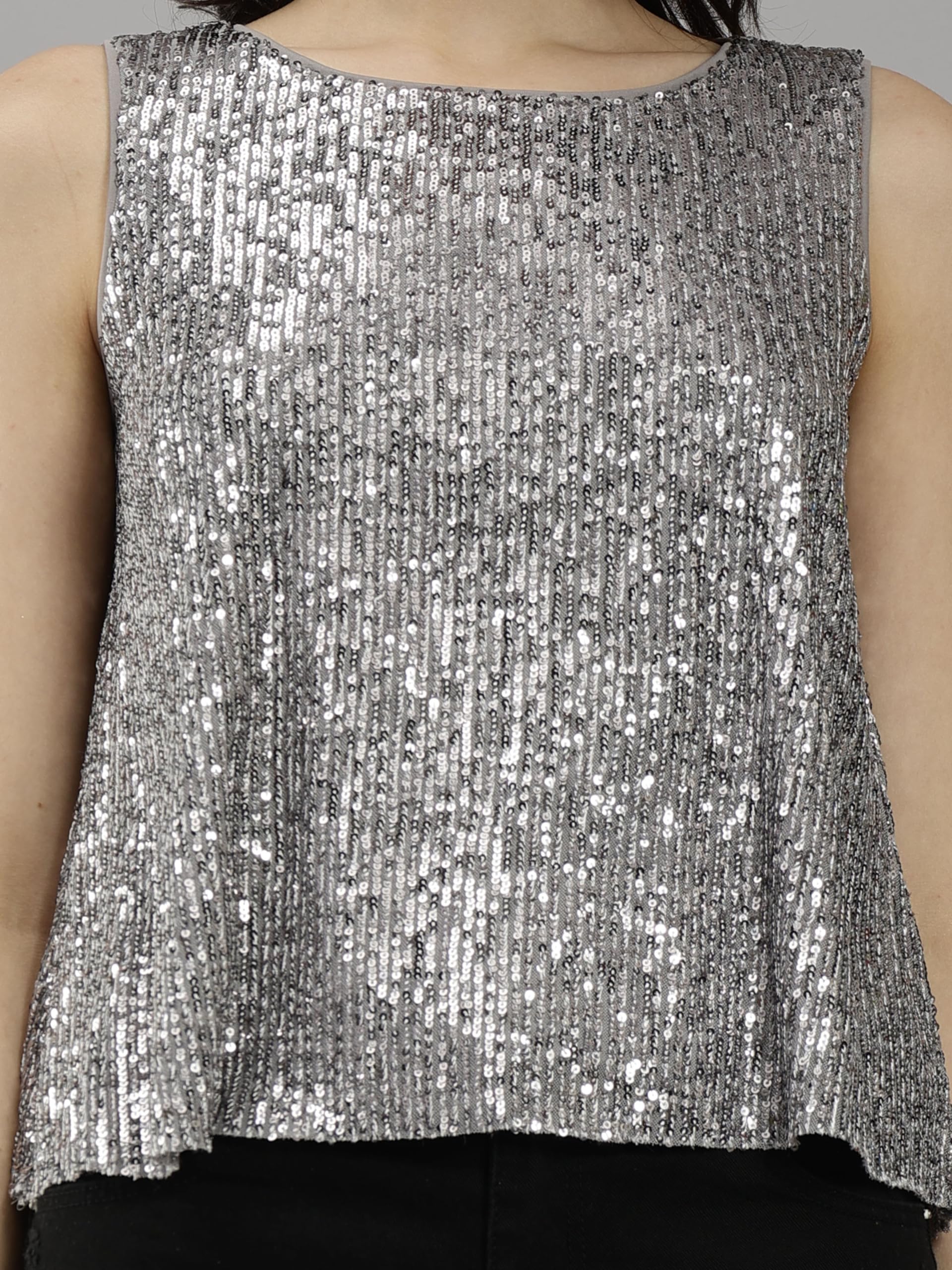 SAFFE Women's Casual Dazzling Round Neck Embellished Sleeveless All Over Sequin Vest Tank Top|Evening, Cocktail, Pub, Concert, Dance, Bachelor Party (Grey_M) 3