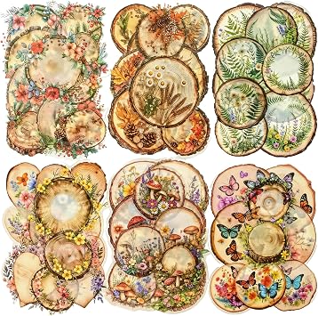 TIAMECH Wood Chip PET Stickers - 60 Pcs Butterfly Wood Grain & Fern Leaves Forest Mushroom Design, Waterproof Sticker for Journaling & Scrapbooking, Junk Journal Supplies, Ephemera & DIY Crafts