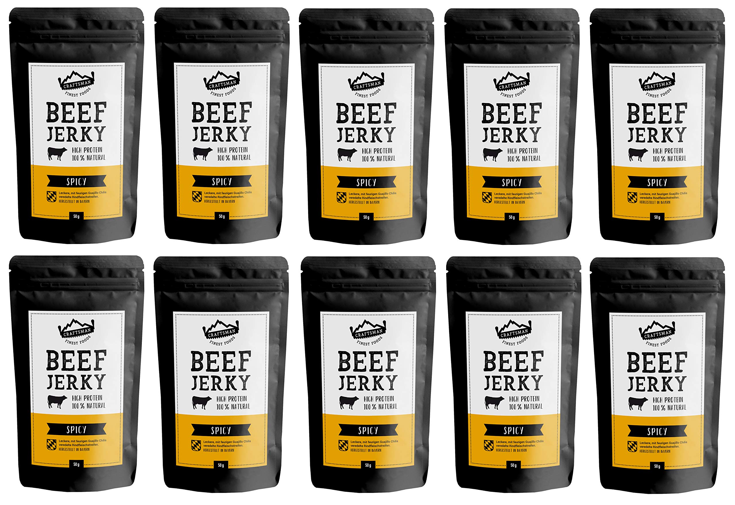 Craftsman Beef Jerky Spicy 500g | Trockenfleisch mit Chili aus Deutschland - Bayern | Jerky Beef Set 10 x 50g | 100% Rind | High Protein 68% | 100% Natürlich | Ohne Zucker