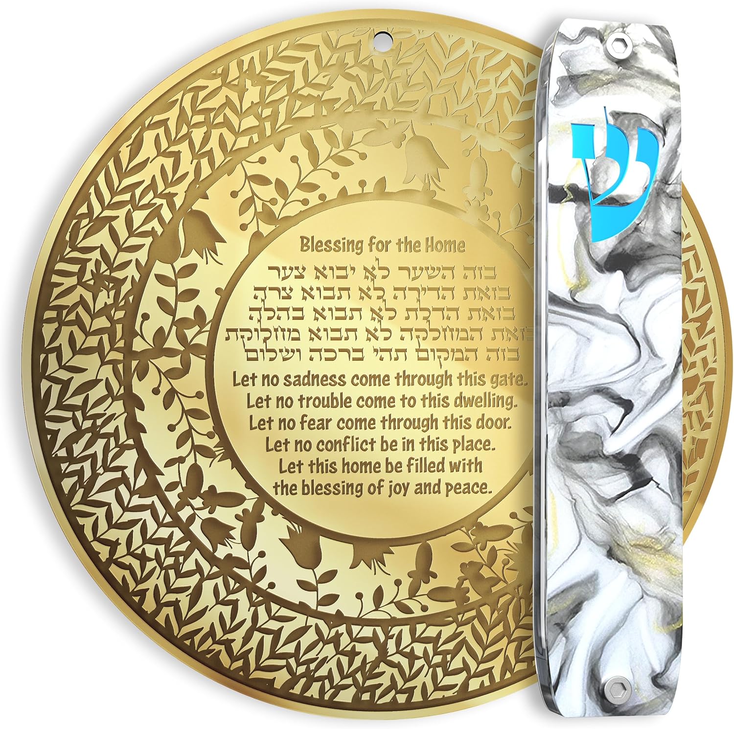Home Blessing Gifts Hebrew and English Engraving 20 CM Diam Golden Mirror Acrylic and Handmade Modern Mezuzah for Door Without Kosher Classic Style White Marble